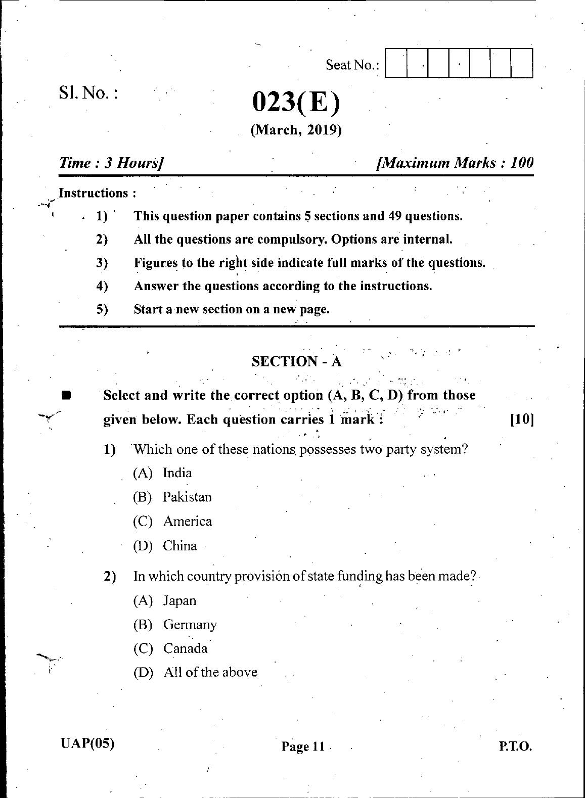 Gujarat Board Class 12th Question Paper March 2019: 23 (GHE) - Page 11