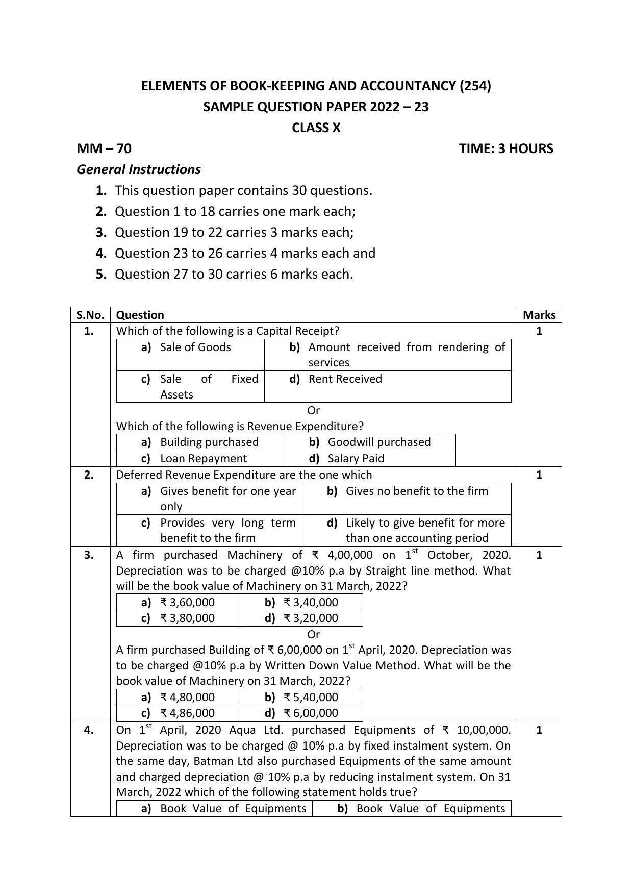 CBSE Class 10 Elements of Book Keeping and Accountancy Sample Papers 2023 - Page 1