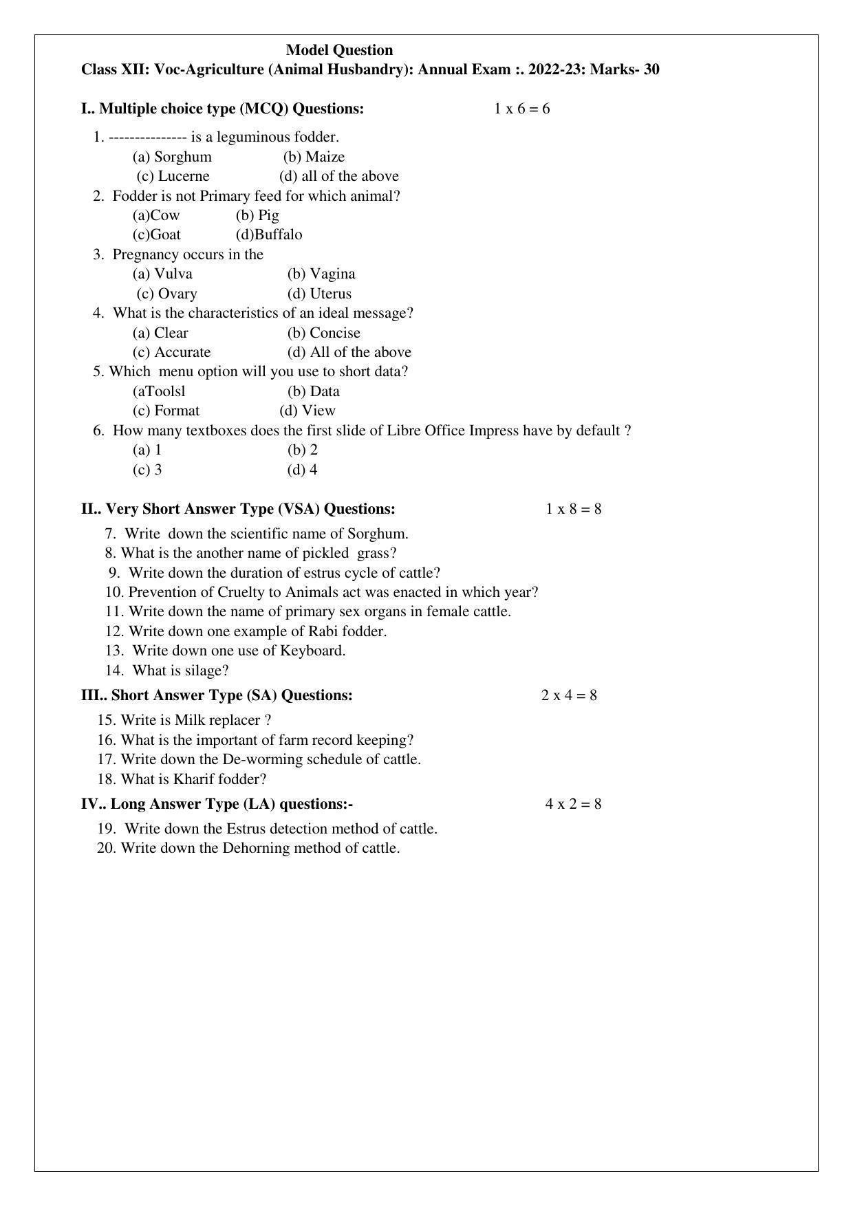 Tripura Board Class 12th Vocational (Theo & Prac) Model Question Paper 2023 - Page 1