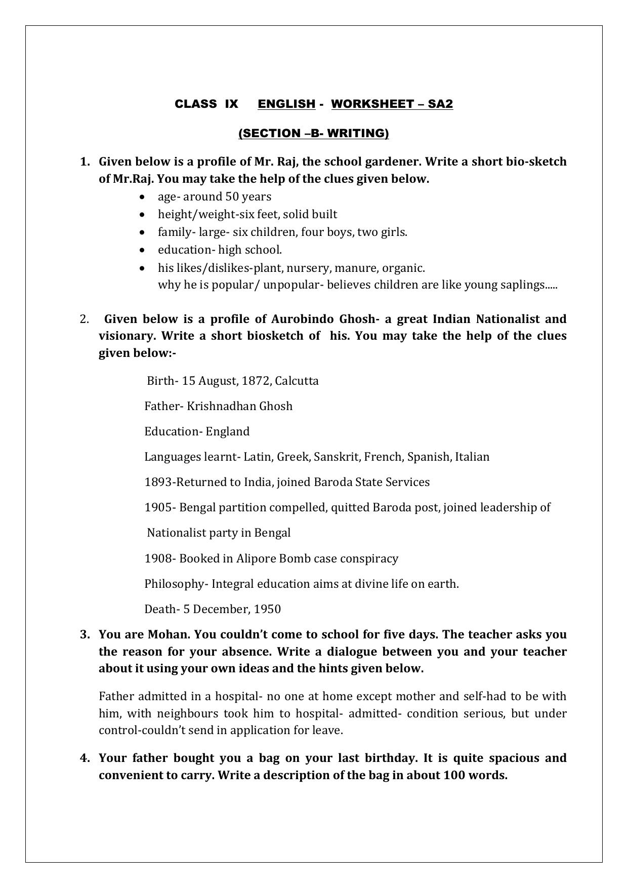 CBSE Worksheets for Class 9 English Writing Assignment - Page 1