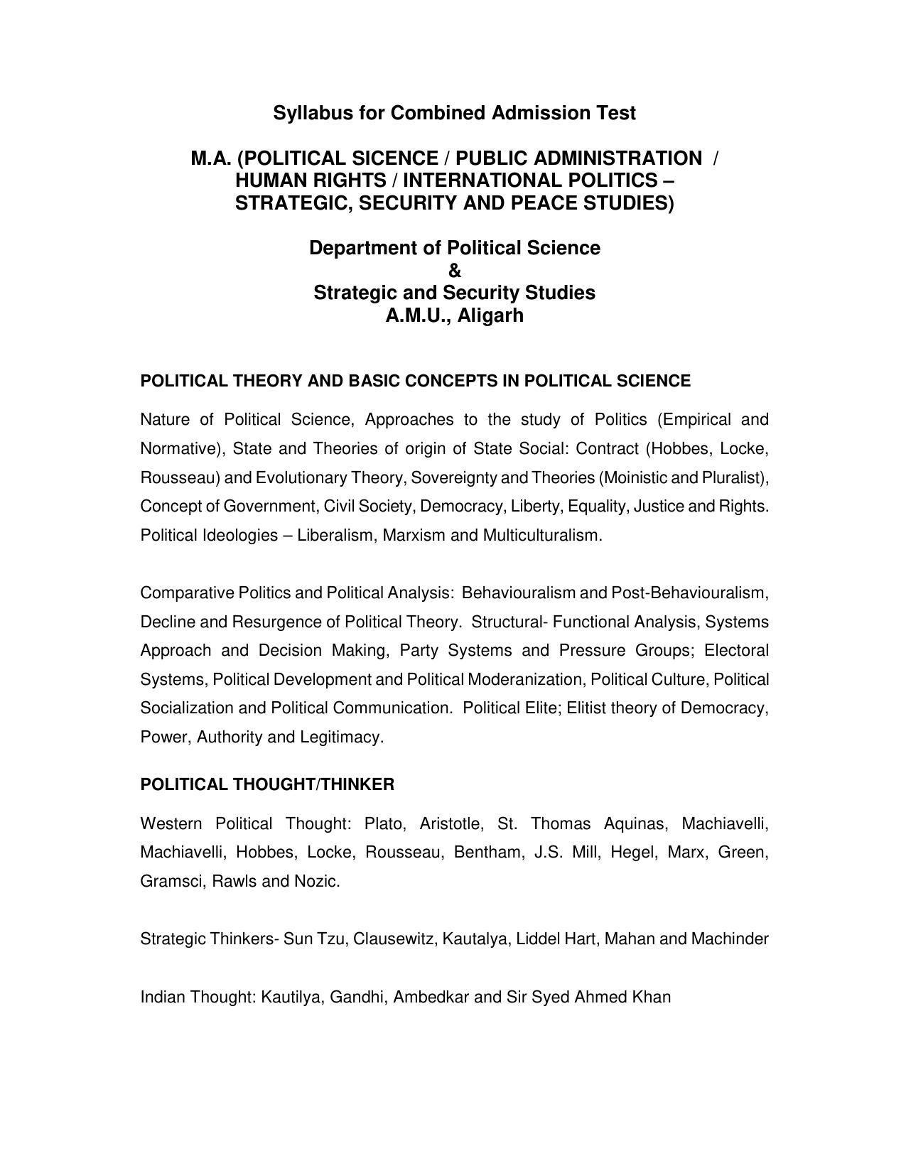 AMU Entrance Exam: M.A. (Pol.Sc./Pub.Adm./Hum. rights) / International Politics Strategic, Security and Peace Studies Syllabus - Page 1