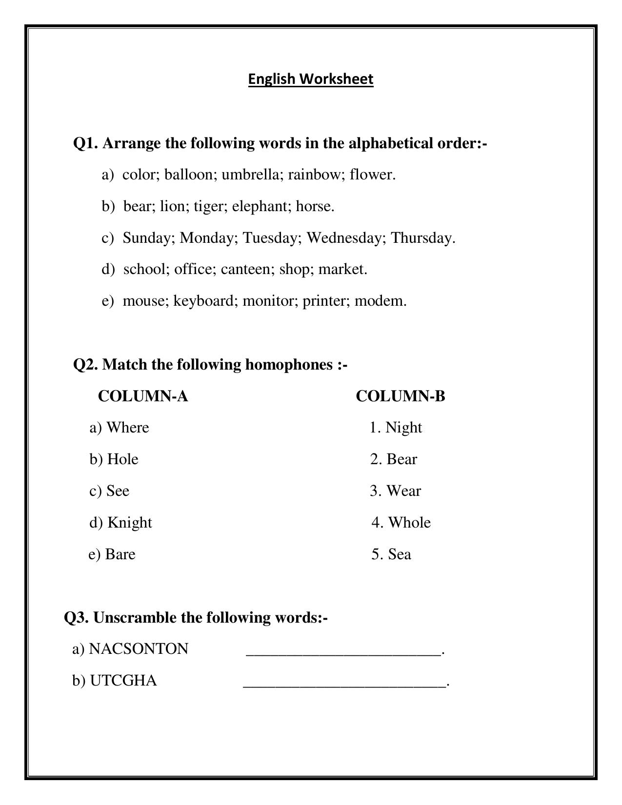 Worksheet for Class 2 English Assignment 46 Revision - Page 1