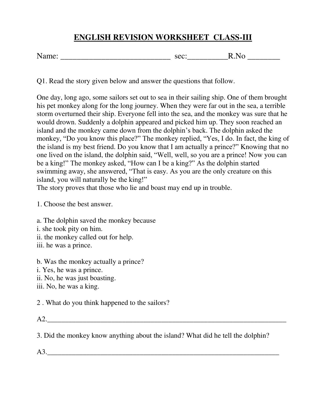 Worksheet for Class 3 English Assignment 14 - Page 1