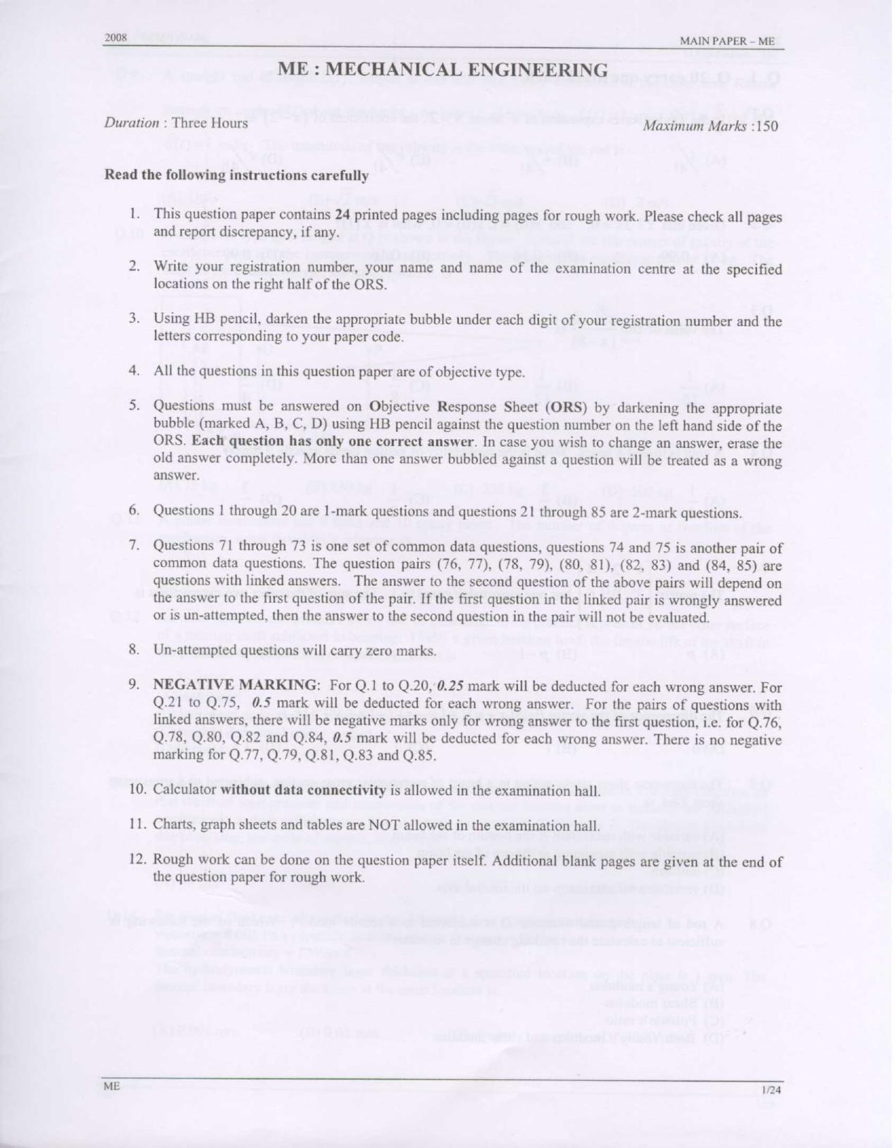 GATE 2008 Mechanical Engineering (ME) Question Paper with Answer Key - Page 1