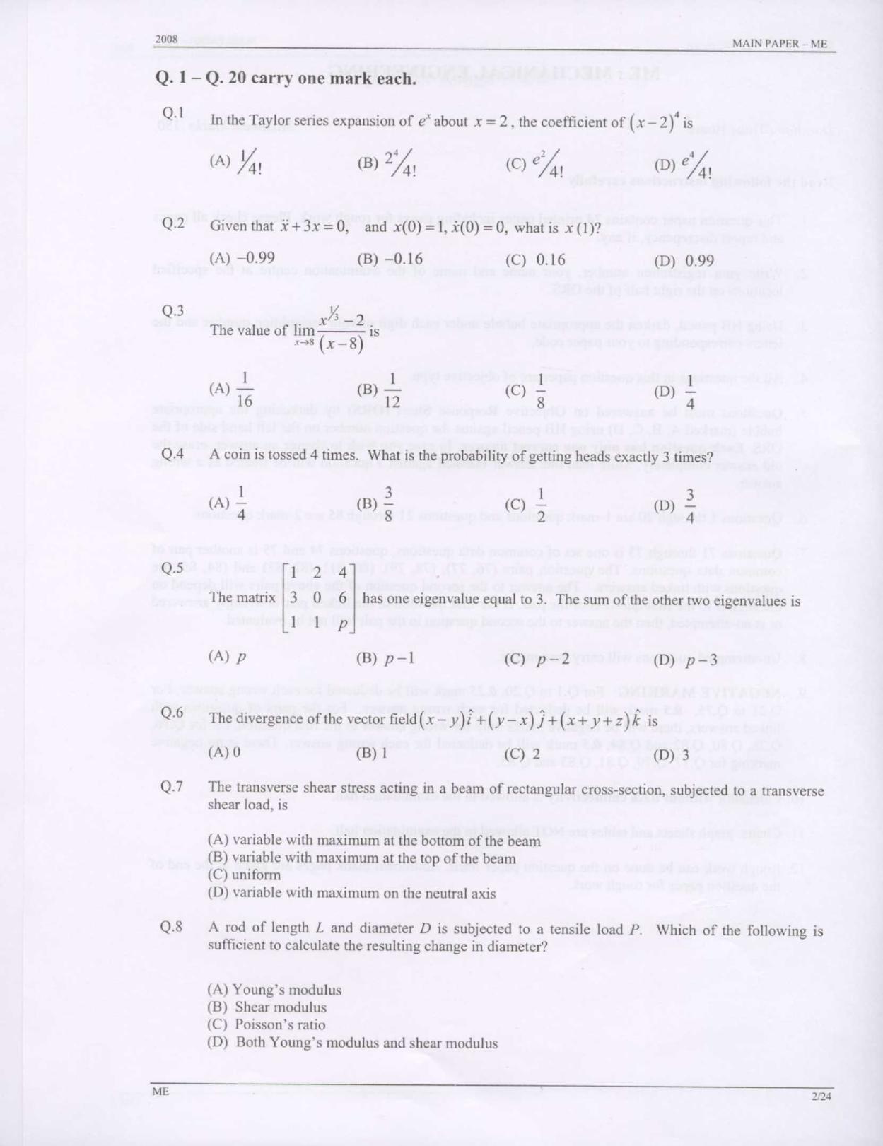 GATE 2008 Mechanical Engineering (ME) Question Paper with Answer Key - Page 2