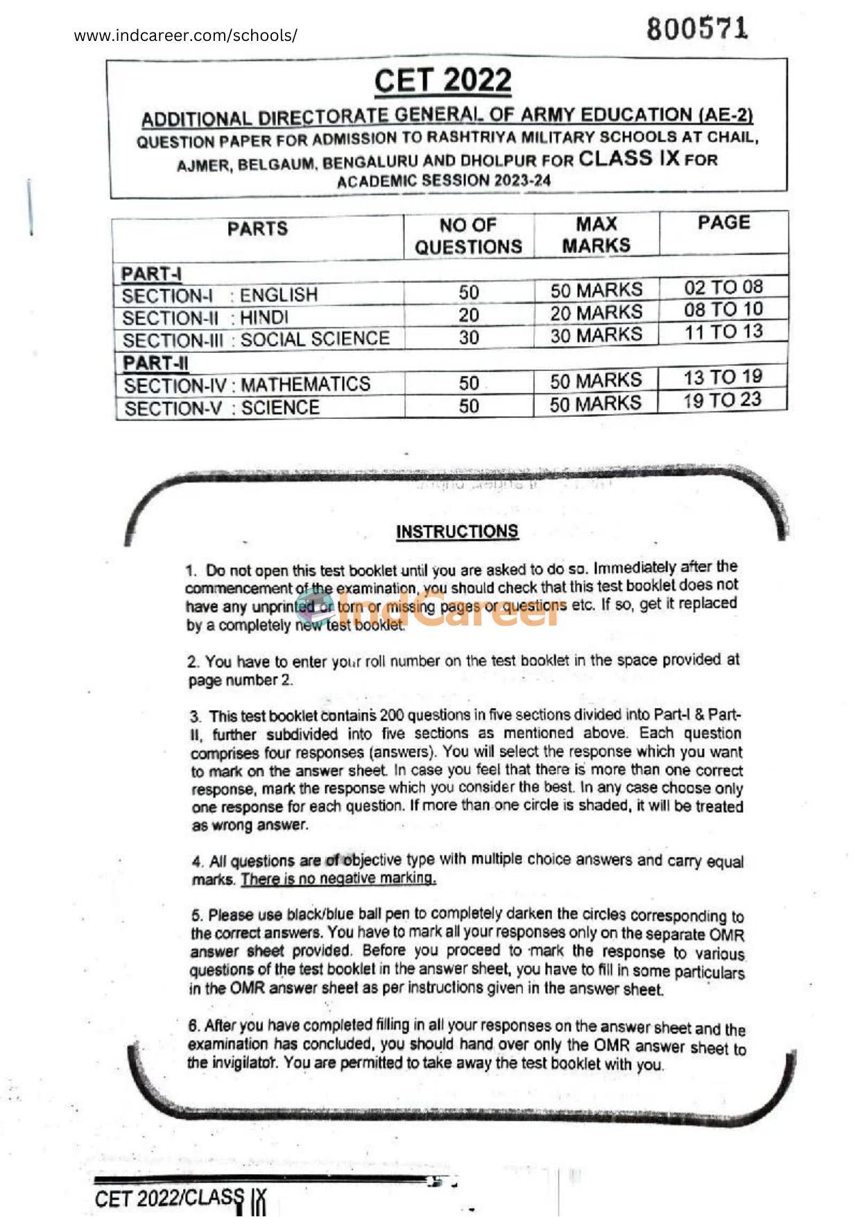 Rashtriya Military School RMS CET 2022 Class 9 Question Paper - Page 2