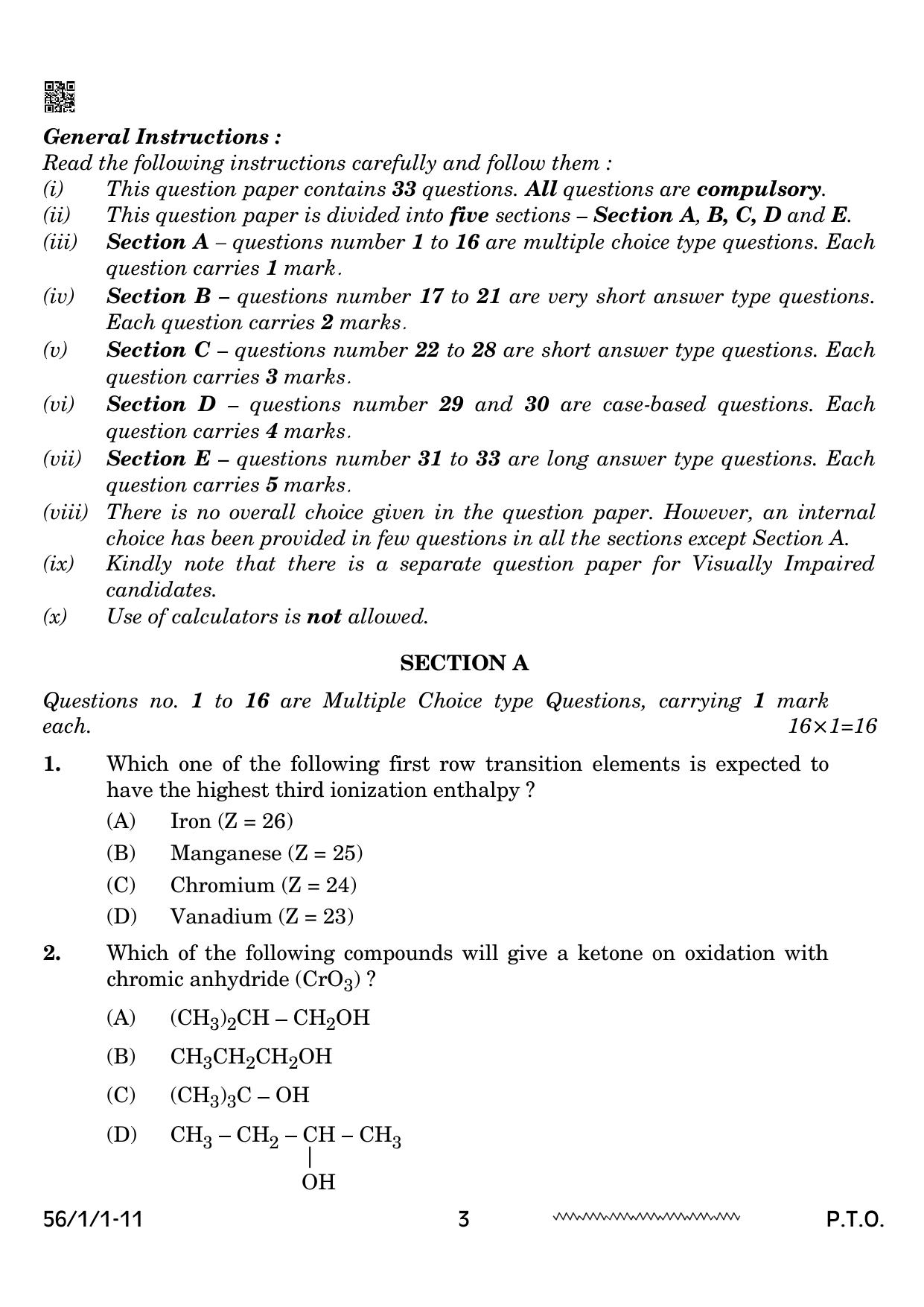CBSE Class 12 56-1-1 Chemistry 2024 Question Paper - Page 3