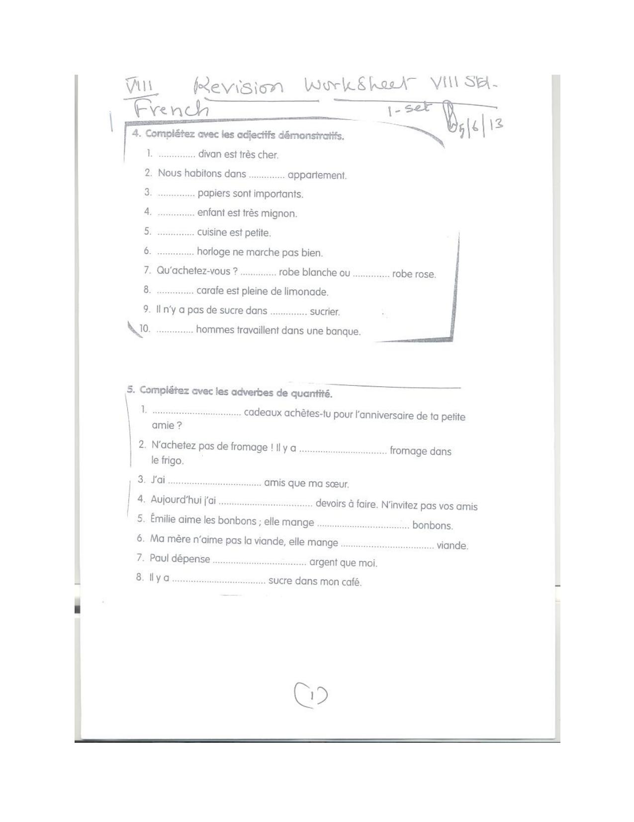 CBSE Worksheets for Class 8 French Assignment 23 - Page 1