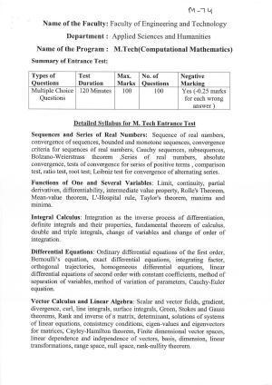 JMI Entrance Exam M74-M.Tech. (Computational Mathematics) (Self Financed) Syllabus