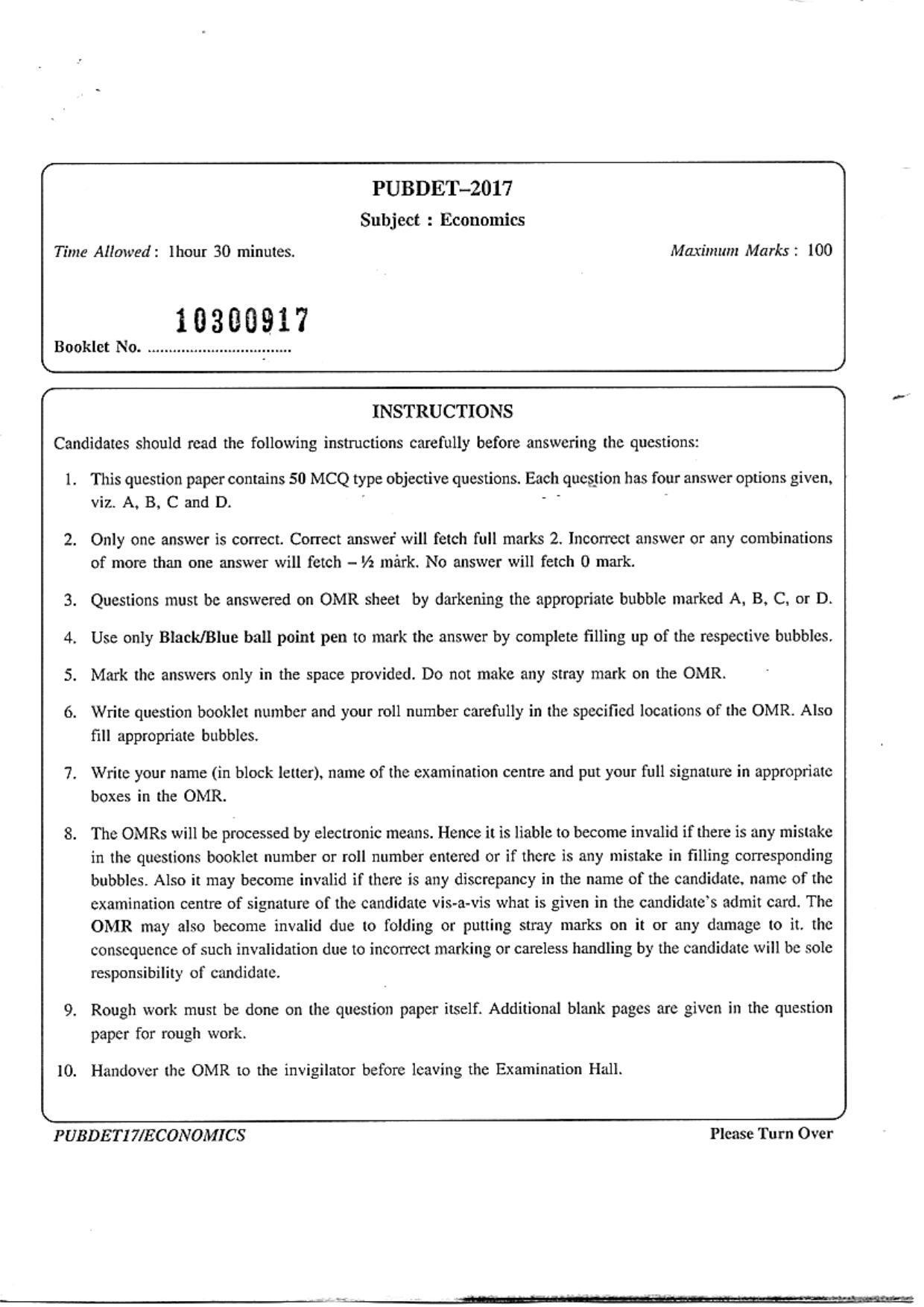 PUBDET 2017 Economics Question Papers - Page 1