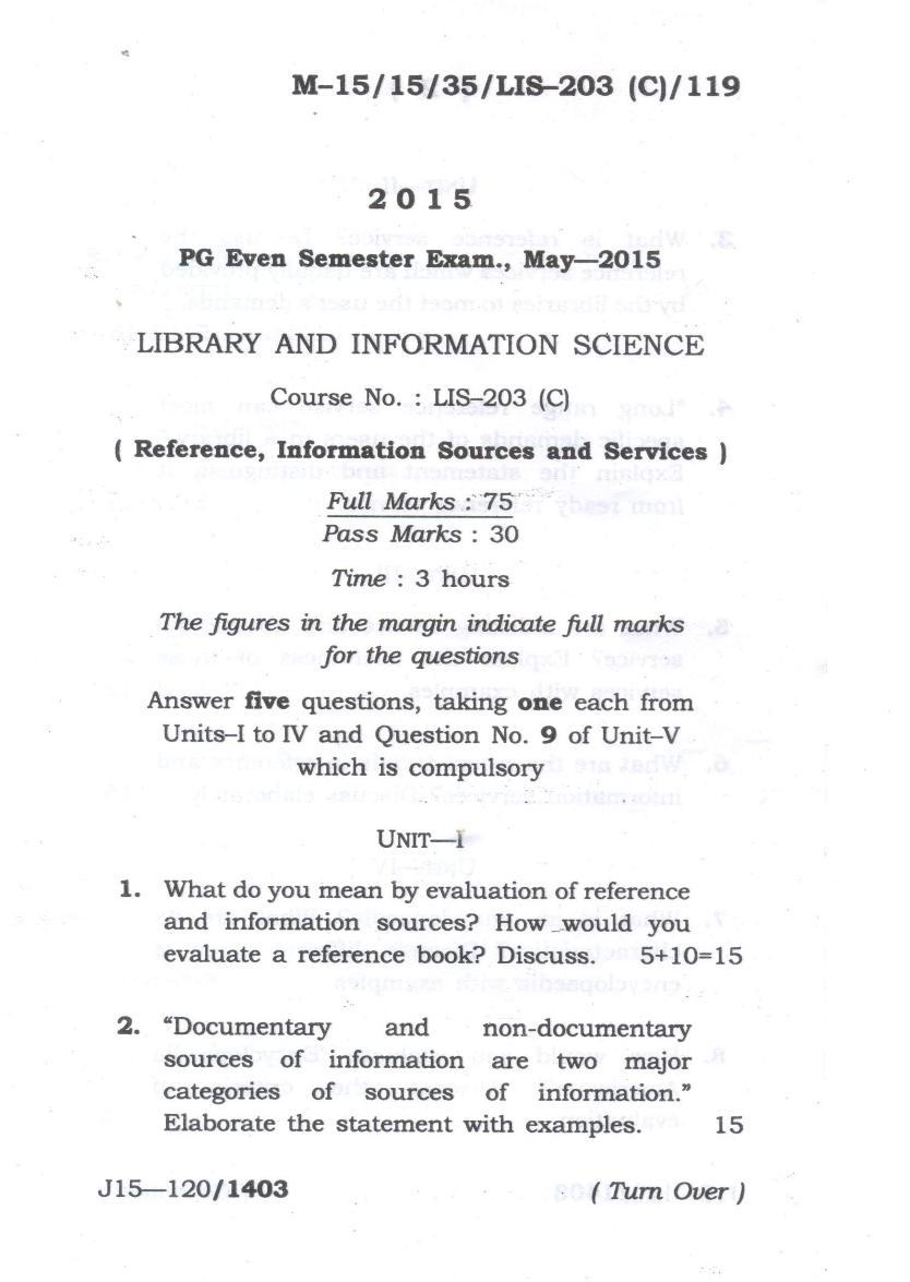 Assam University MLiSc May-2015 Question Paper - Page 1