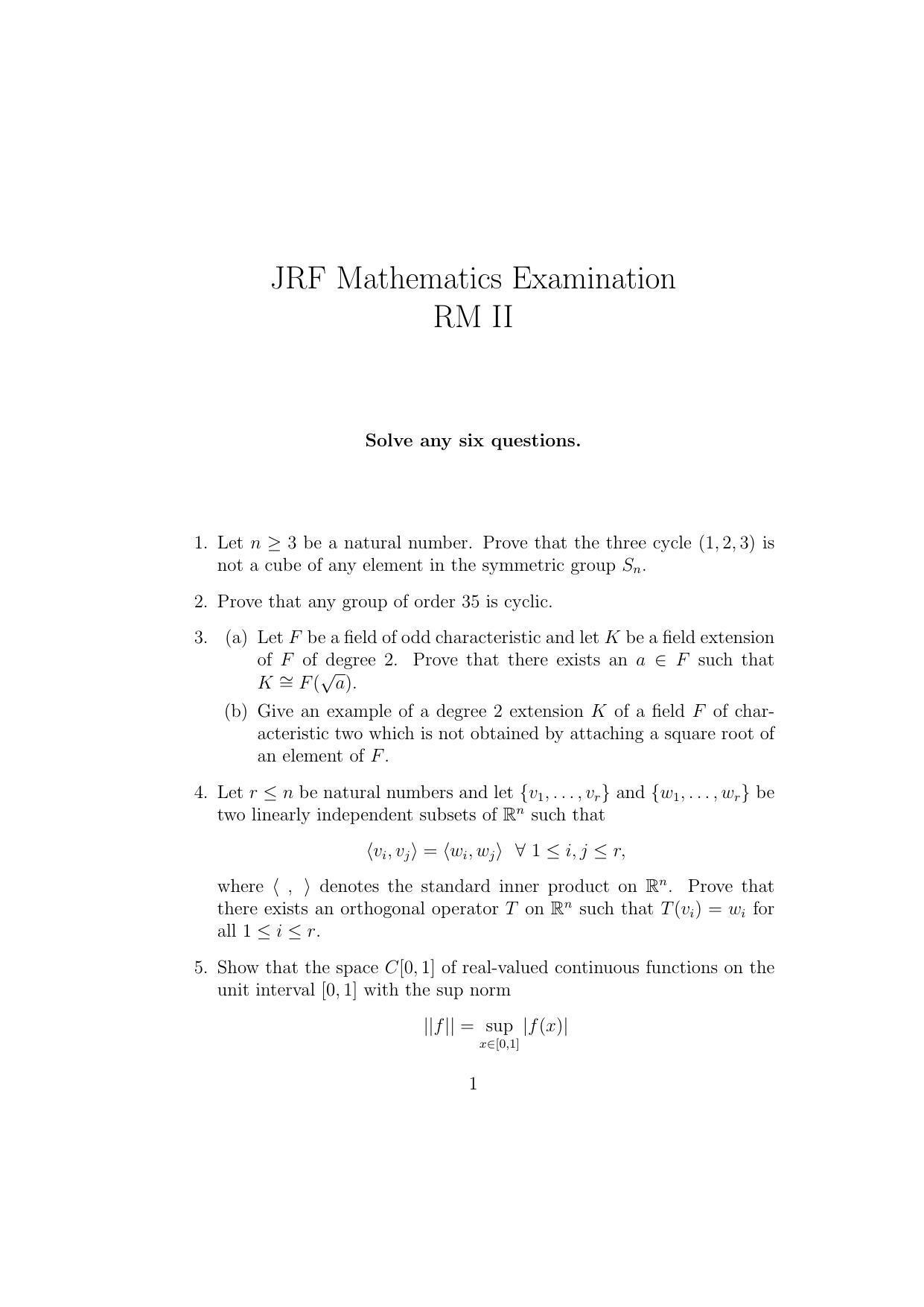 ISI Admission Test JRF in Mathematics MTB 2016 Sample Paper - Page 1