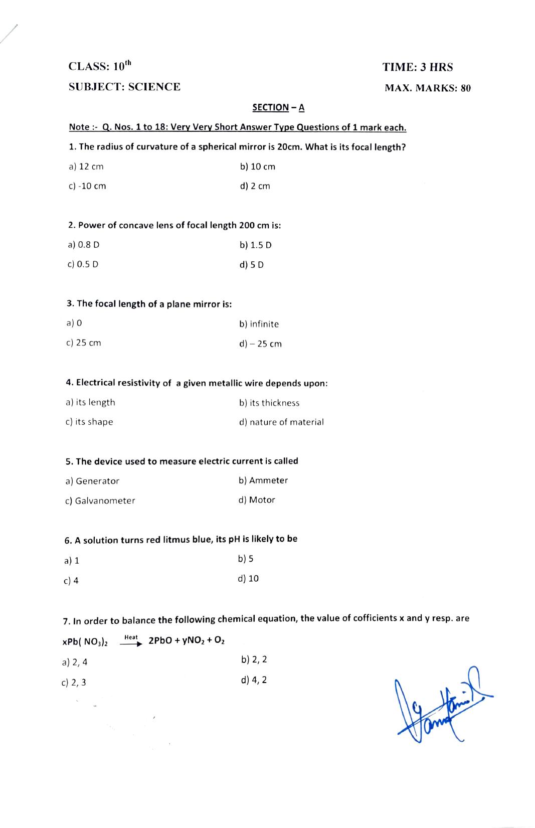 JKBOSE Class 10 Science 2024 Model Question Paper - Page 1