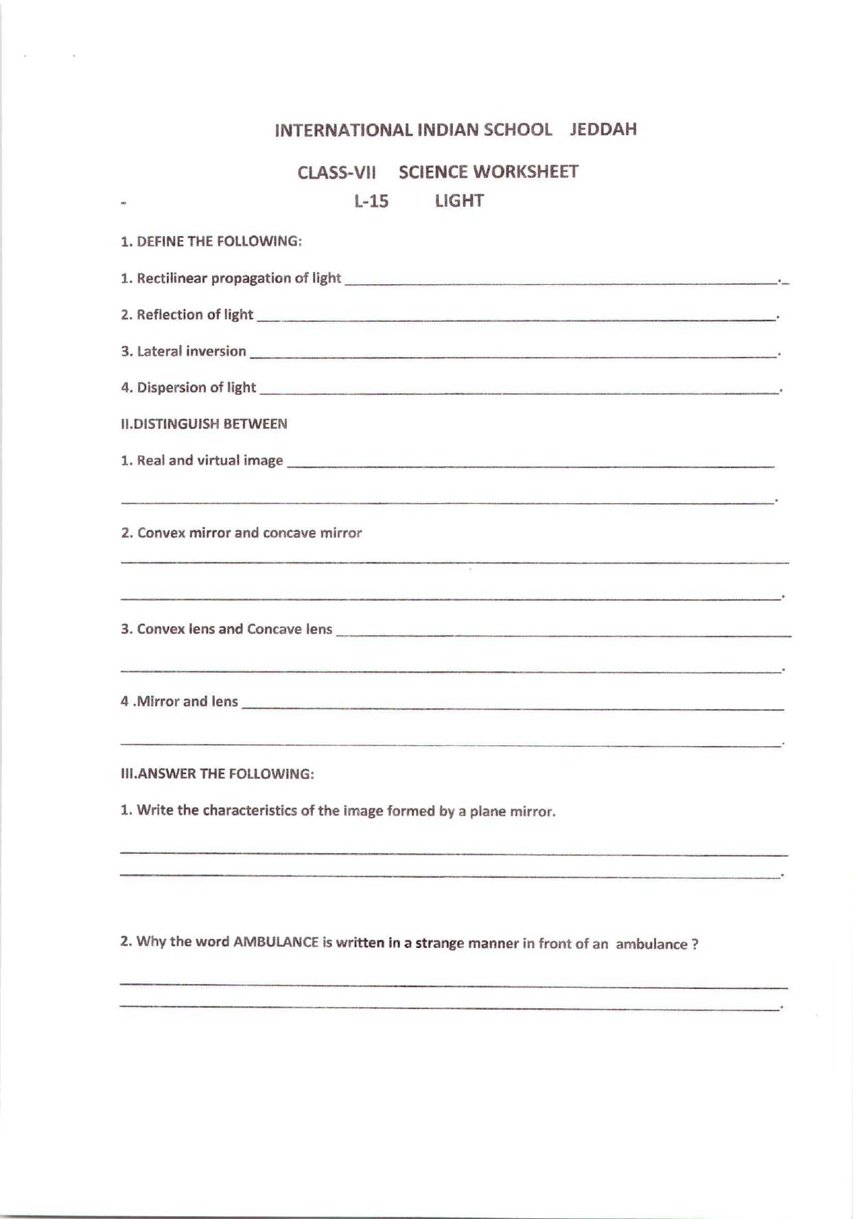 CBSE Worksheets for Class 7 Science Light Assignment 1 - Page 1