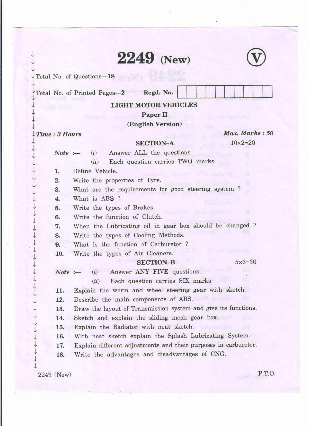 AP Inter 2nd Year Light Motor Vehicles-II (new) March-2020-Vocational Question Paper - Page 1