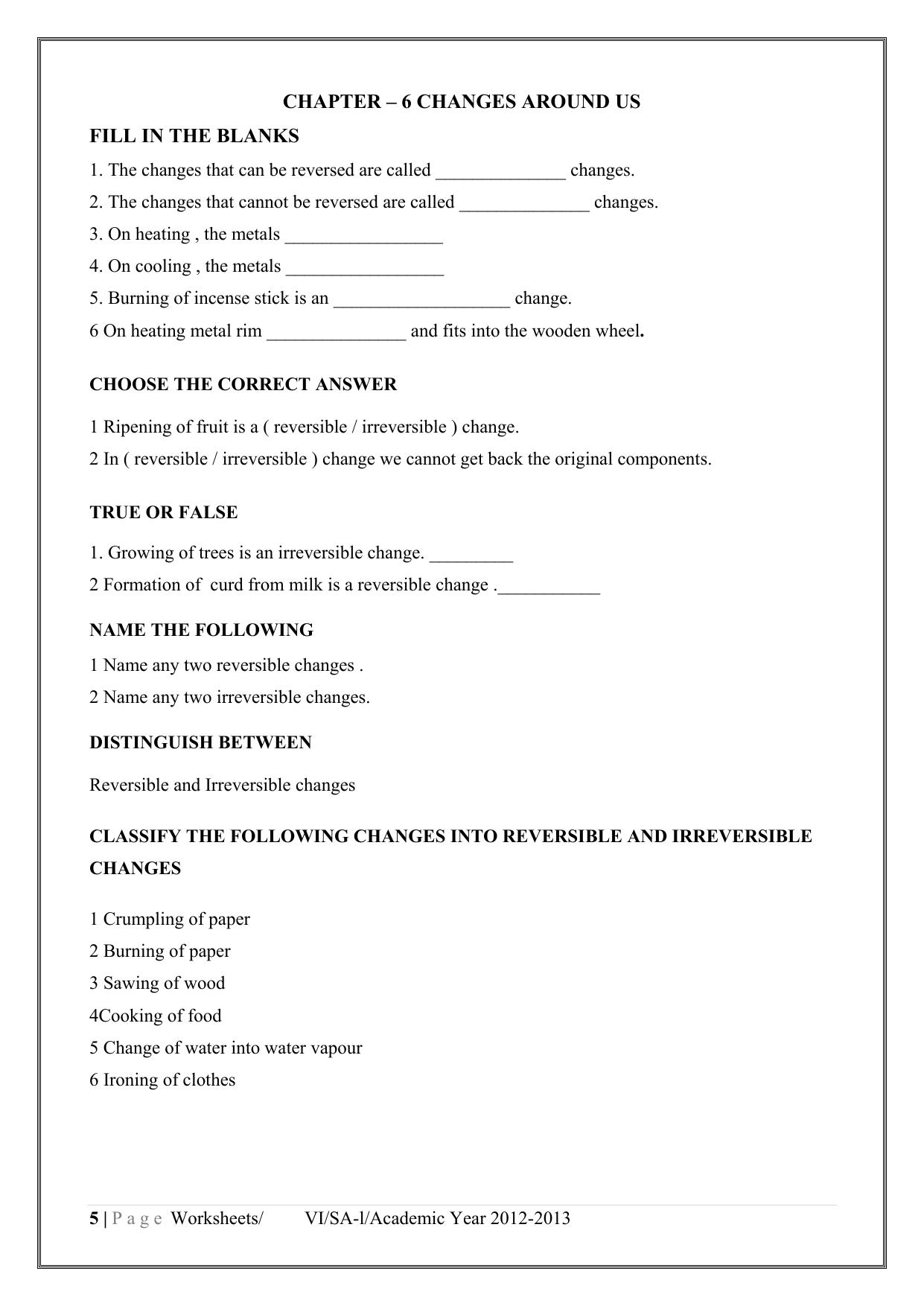 CBSE Worksheets for Class 6 Science Changes Around Us Assignment 2 - Page 1