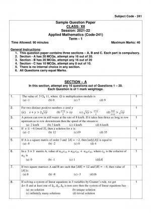 CBSE Class 12th Applied Mathematics Sample Question Paper 2021-22