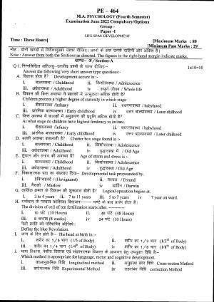 Bilaspur University Question Paper June 2022:M.A. Psychology (Fourth Semester) Life Span Development Paper 1