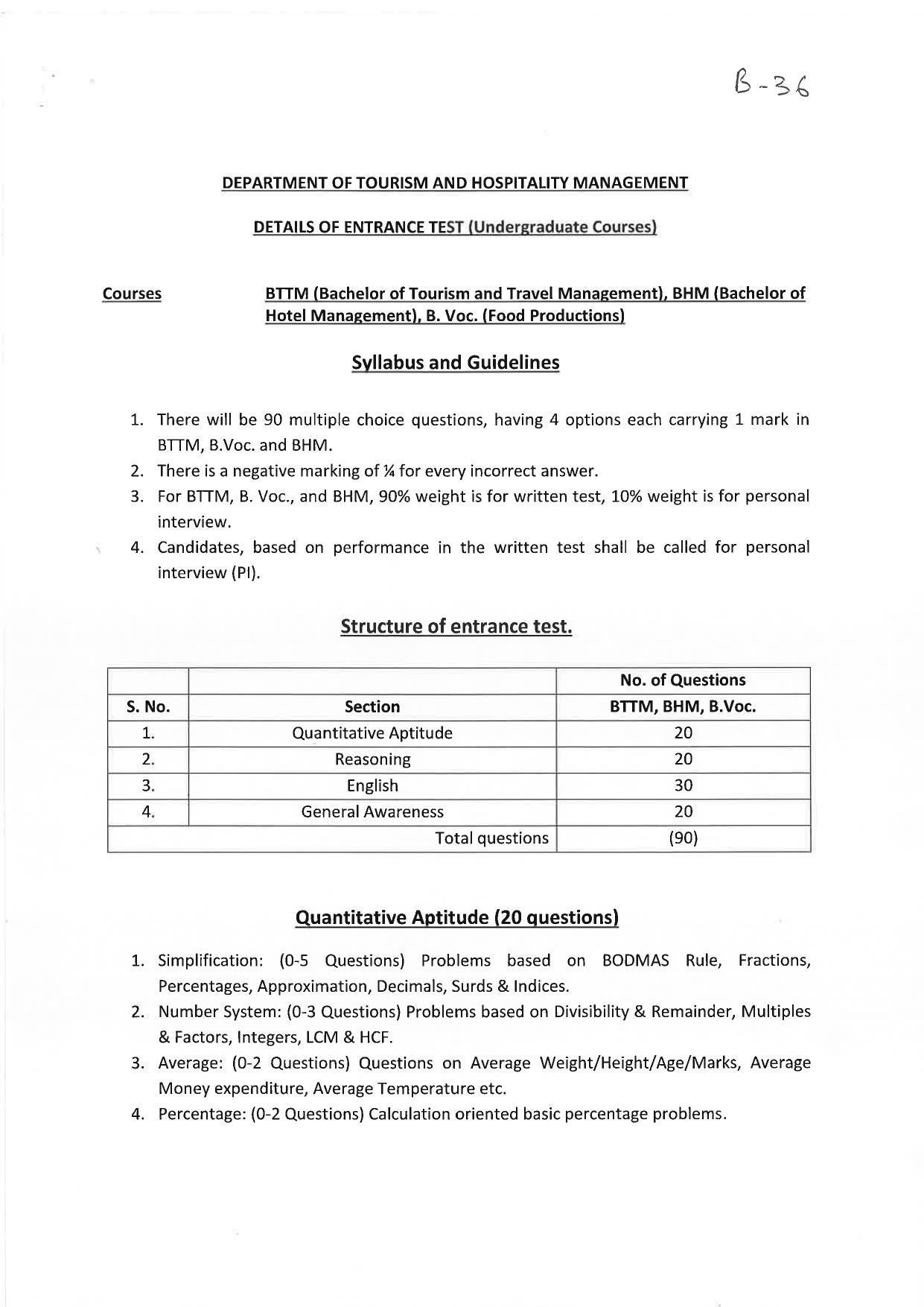 JMI Entrance Exam B36-Bachelor of Hotel Management (Self Financed)/ Tourism &Travel Management (Self Financed) Syllabus - Page 1