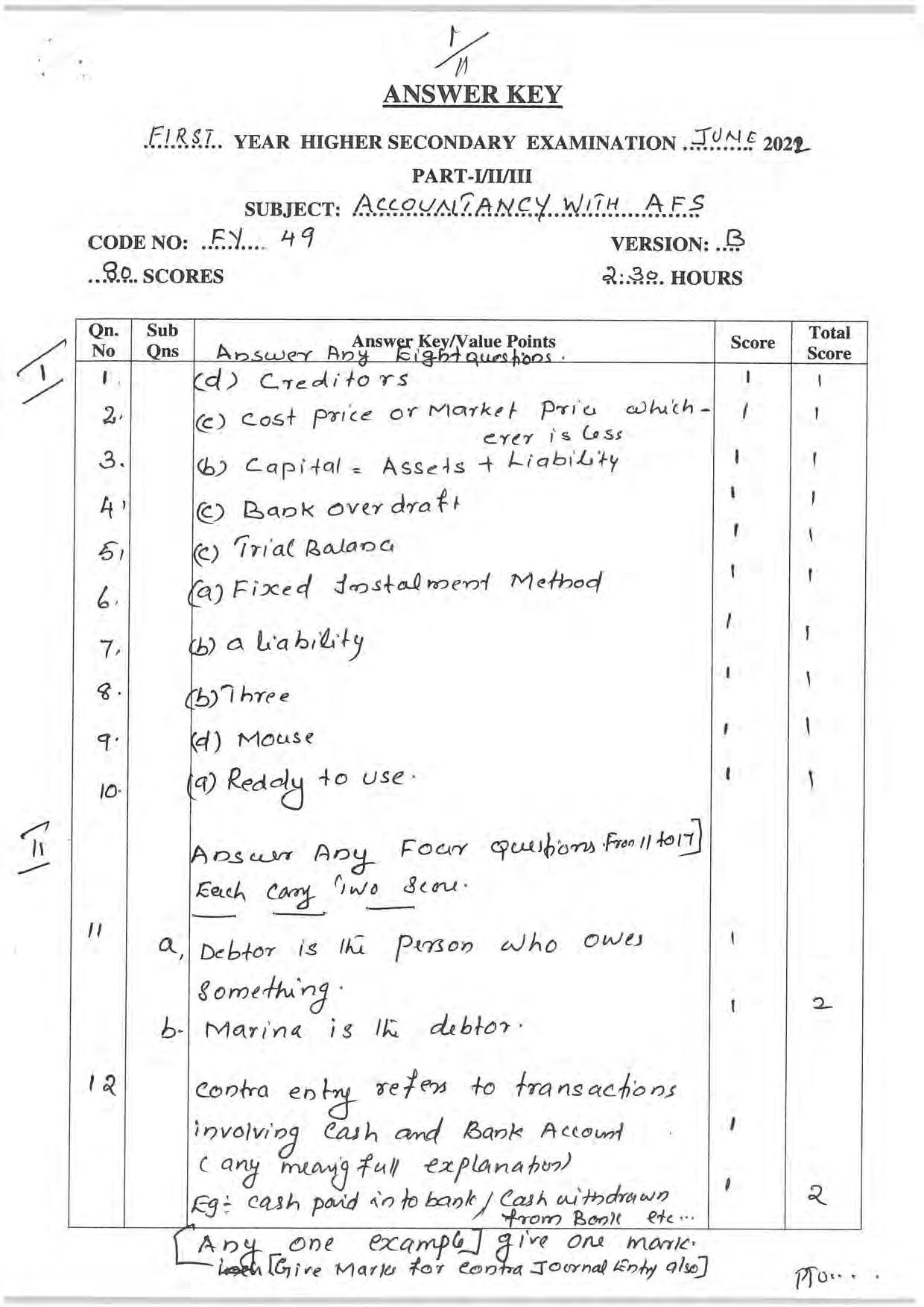 Kerala Plus One 2022 Accountancy with AFS Question Paper & Answer Key - Page 1