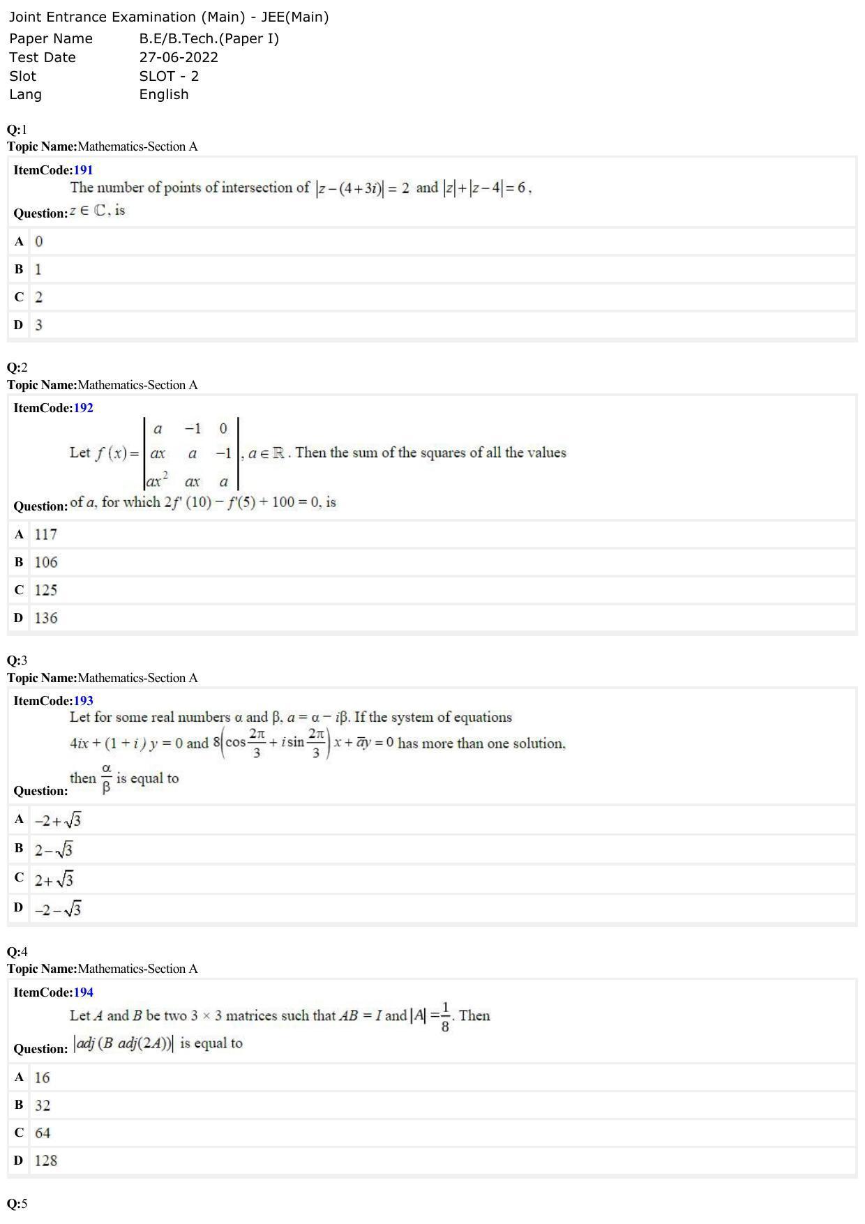 JEE Mains 2022: B.E/B.Tech.(Paper I) English (Shift 2) 27-06-2022 Question Paper - Page 1