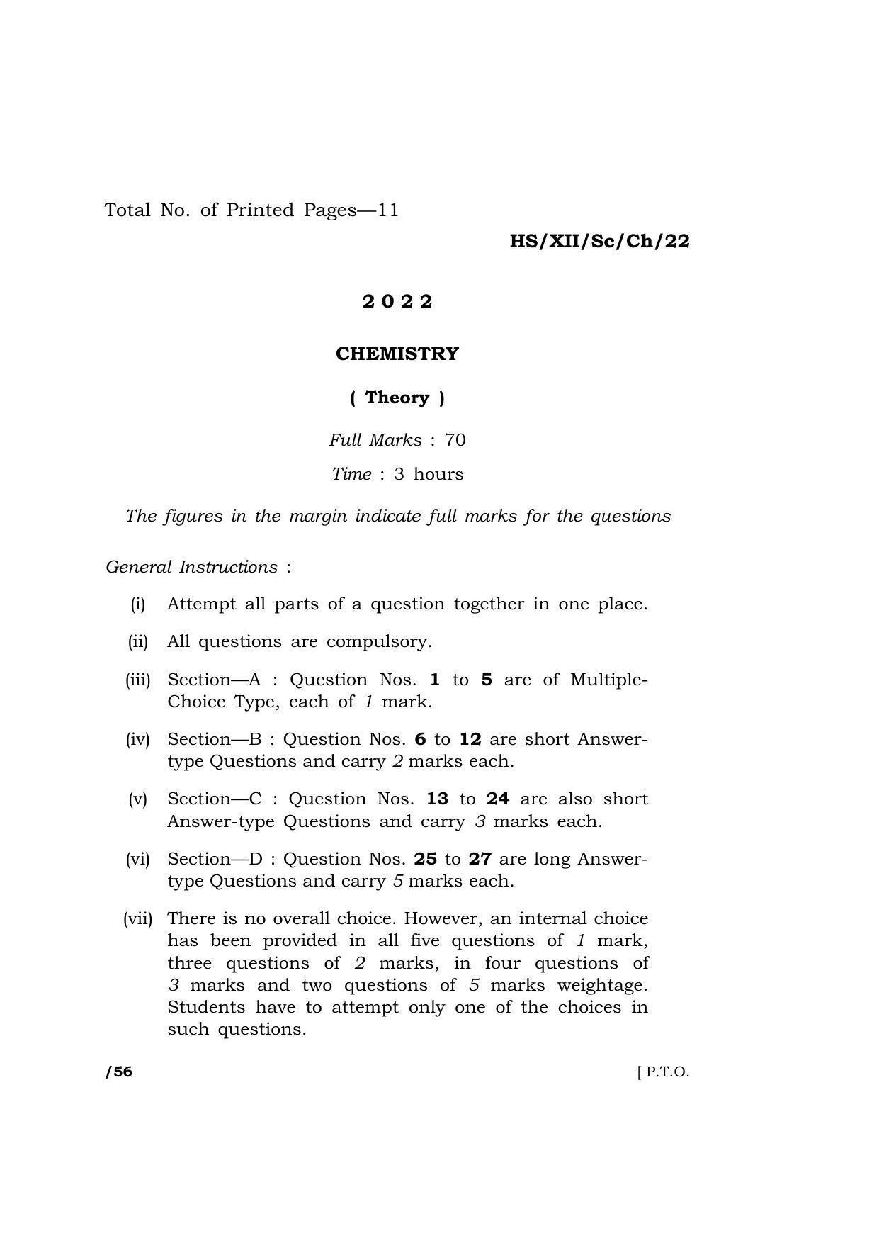 Meghalaya Board (MBOSE) Class 12 CHEMISTRY (XH_XII_Sc_Ch_22) 2022 Question Paper - Page 1
