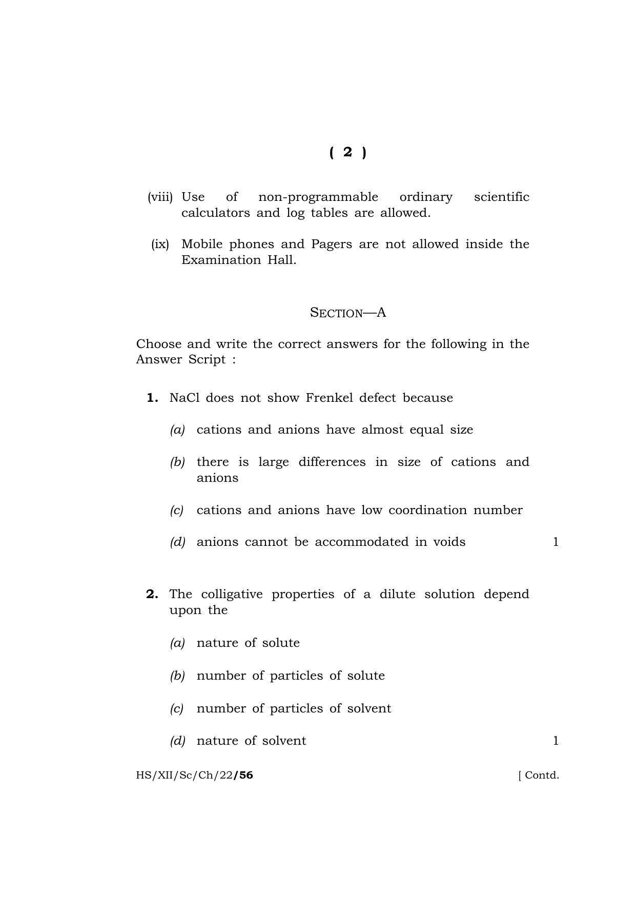Meghalaya Board (MBOSE) Class 12 CHEMISTRY (XH_XII_Sc_Ch_22) 2022 Question Paper - Page 2
