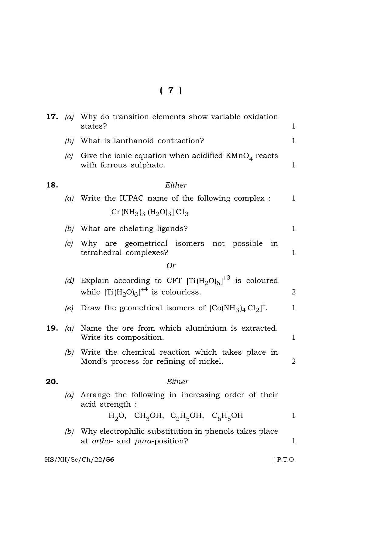 Meghalaya Board (MBOSE) Class 12 CHEMISTRY (XH_XII_Sc_Ch_22) 2022 Question Paper - Page 7