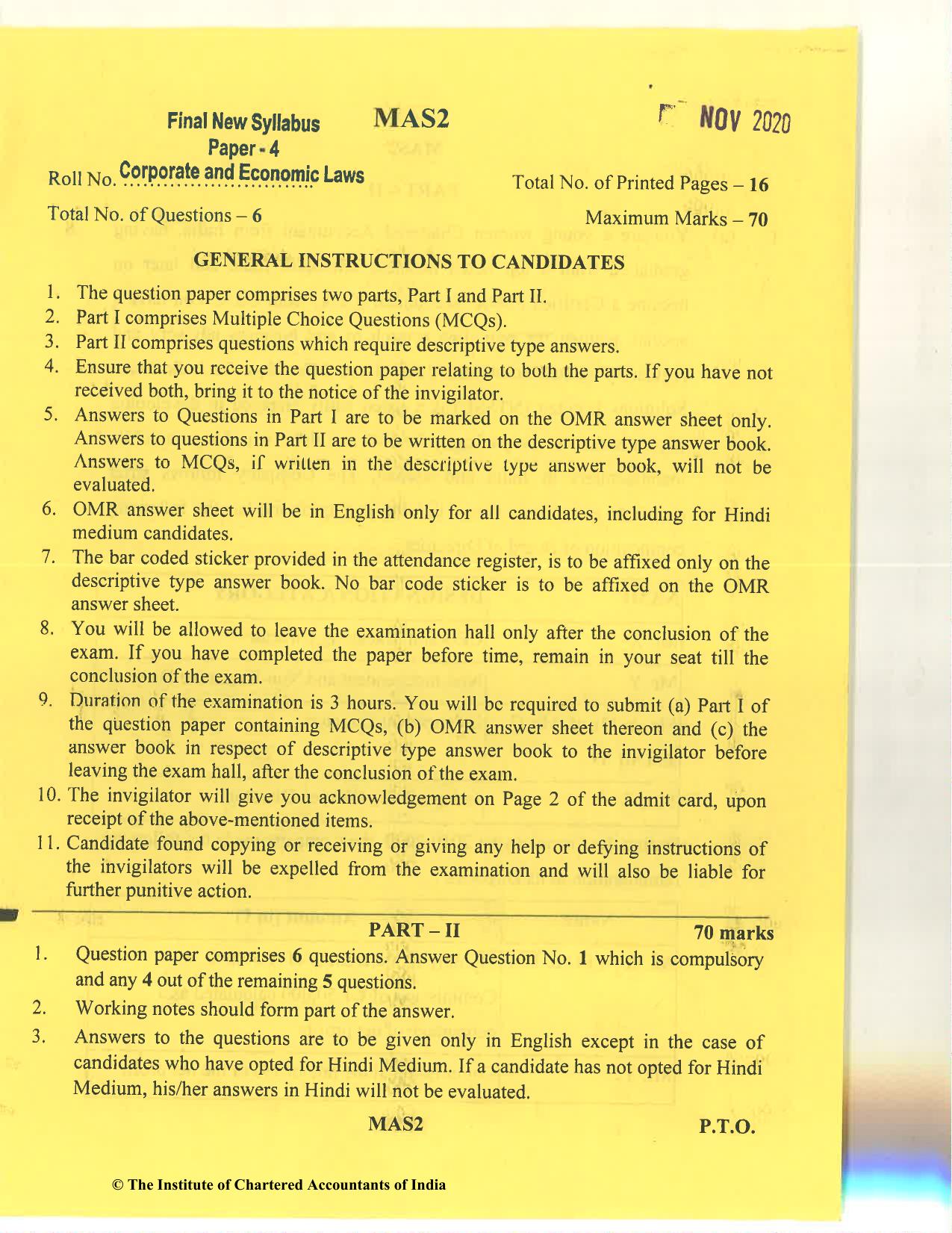 CA Final Nov 2020 Question Paper - Paper 4 – Corporate & Economic Laws - Page 1