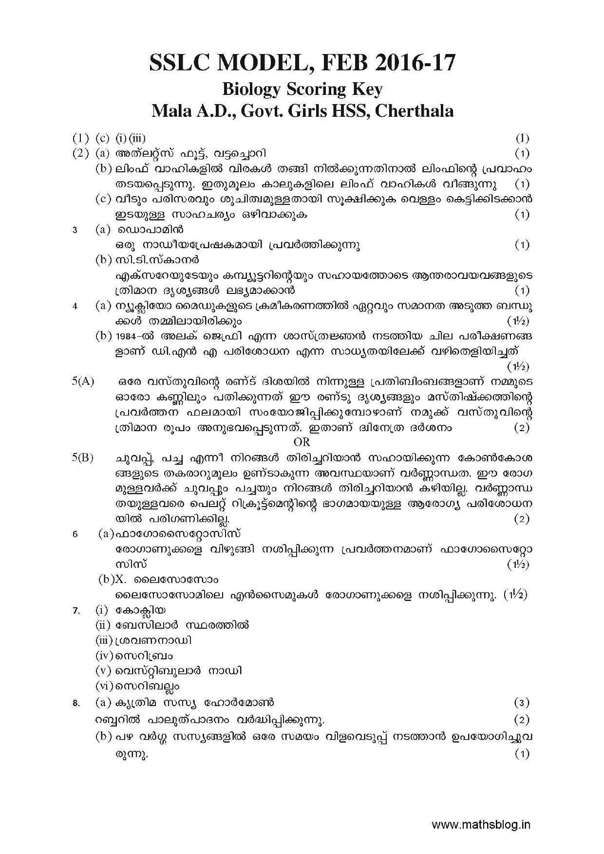 Kerala SSLC 2017 Biology Answer key (MM) (Model) - Page 1