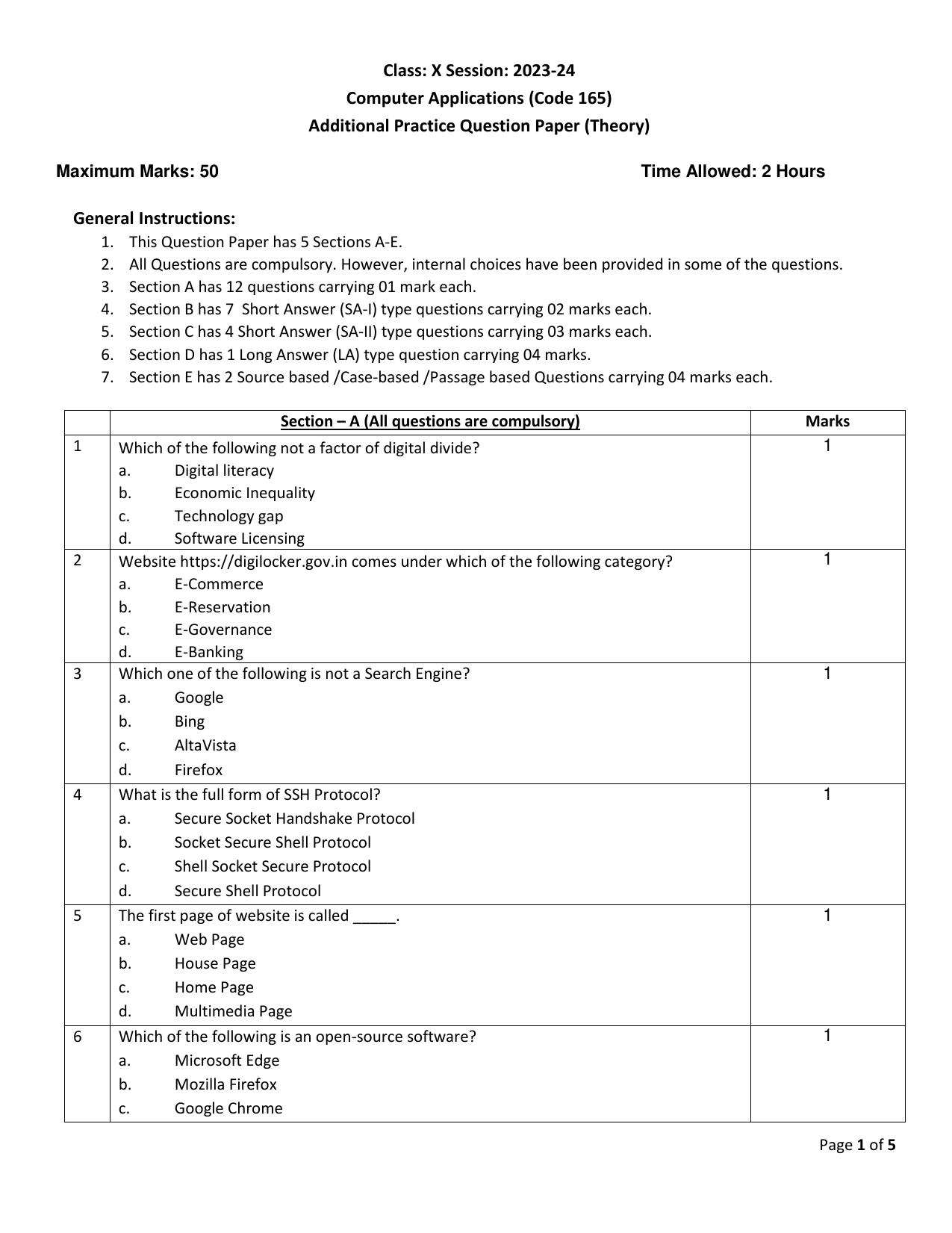 CBSE Class 10 Computer Applications Set 1 Practice Questions 2023-24 - Page 1