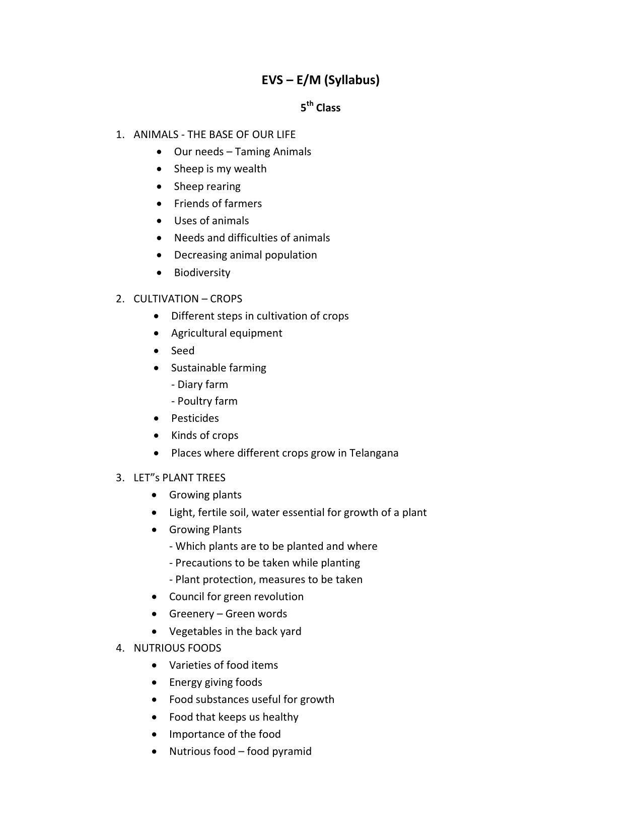 Telangana Board EVS (Classes III to V)	 Syllabus - English Medium - Page 7