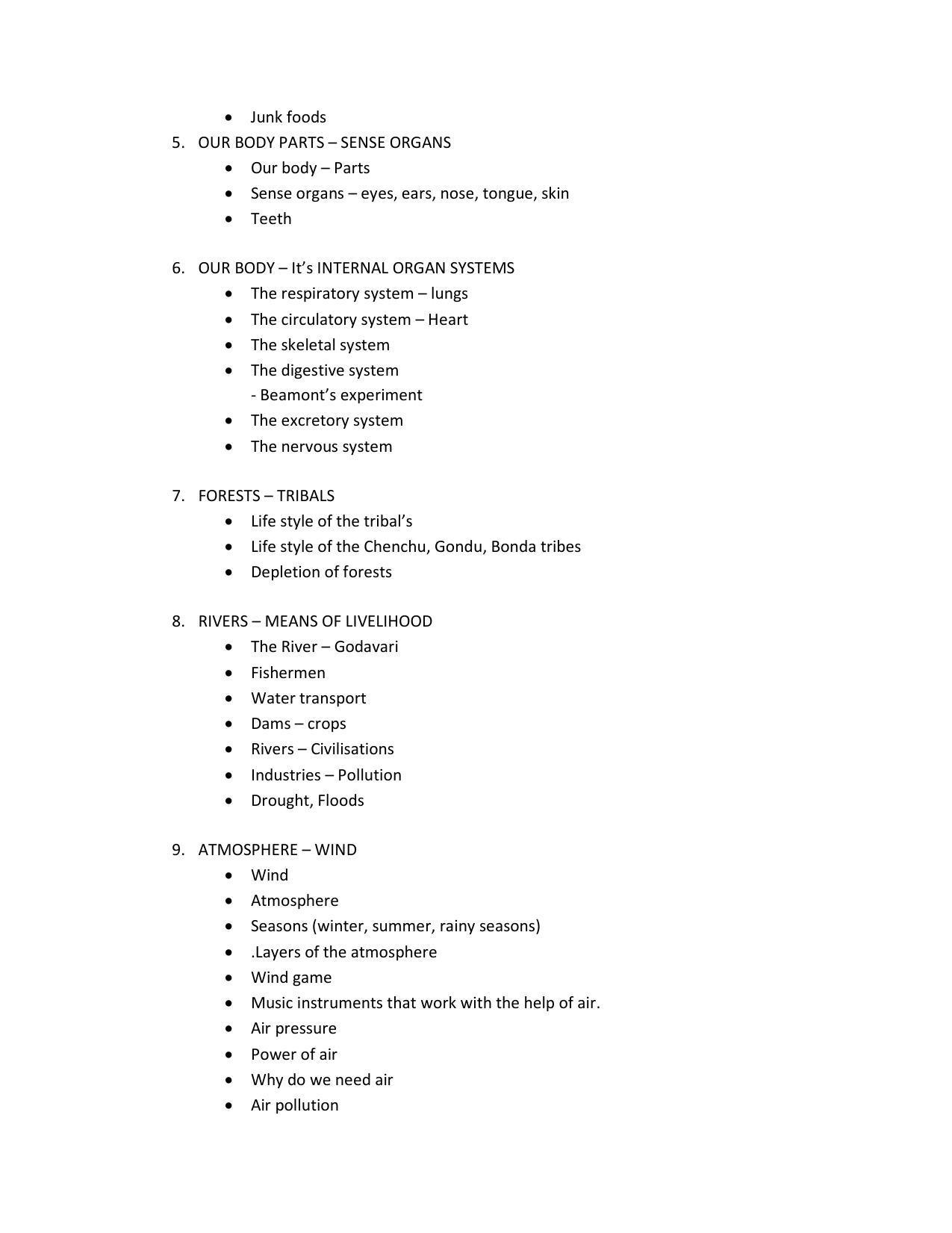 Telangana Board EVS (Classes III to V)	 Syllabus - English Medium - Page 8