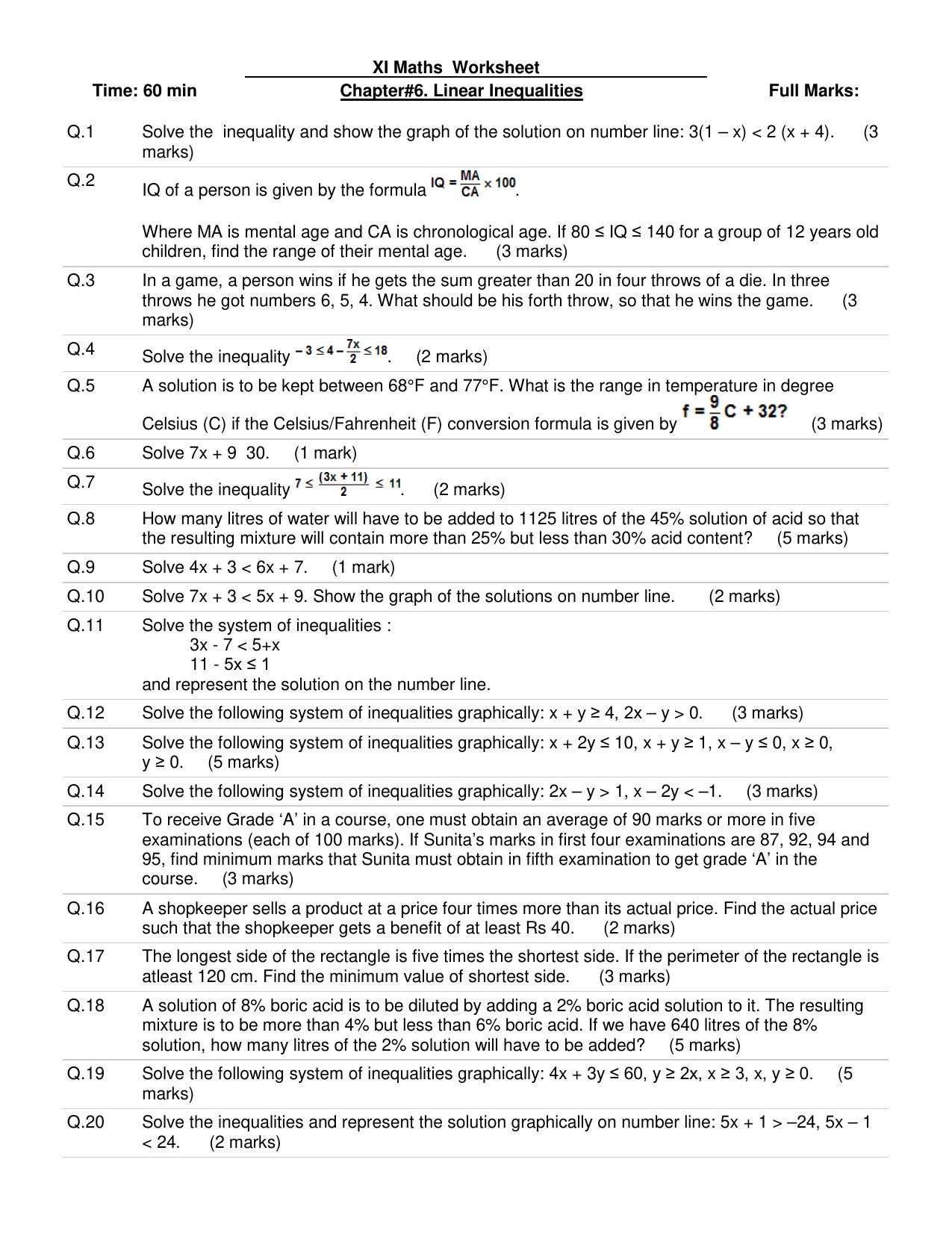 CBSE Worksheets for Class 11 Mathematics Linear Inequalities Assignment 1 - Page 1