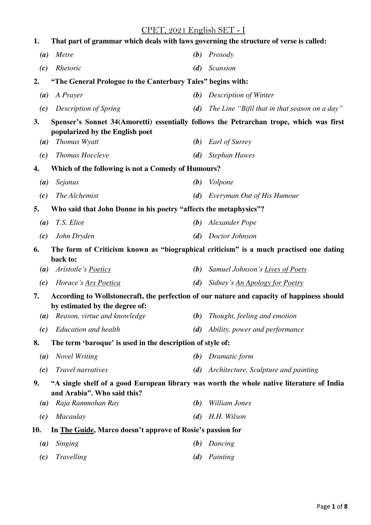 Odisha CPET 2021 ENGLISH Question Paper - Page 1