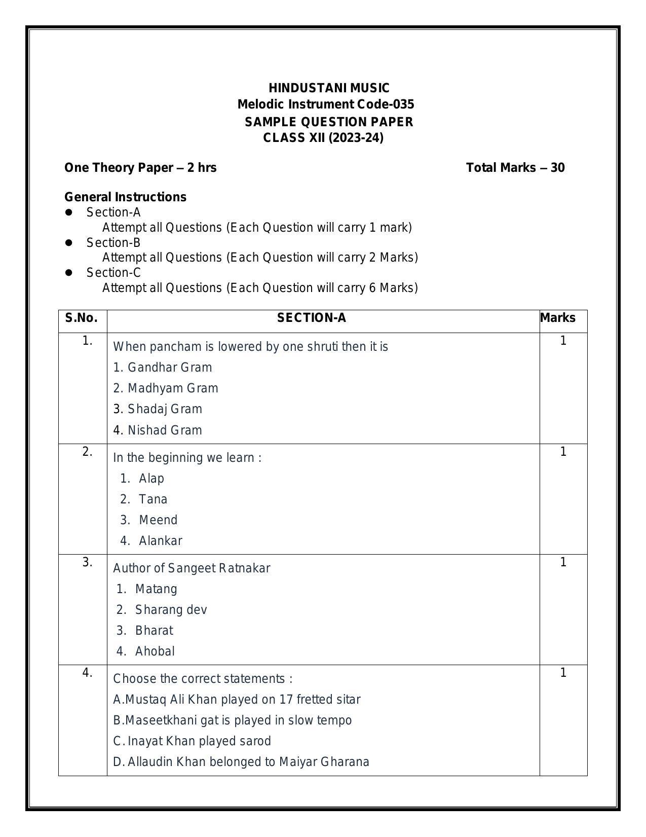 CBSE Class 12 Hindustani Music (Melodic) Sample Paper 2024 - Page 1