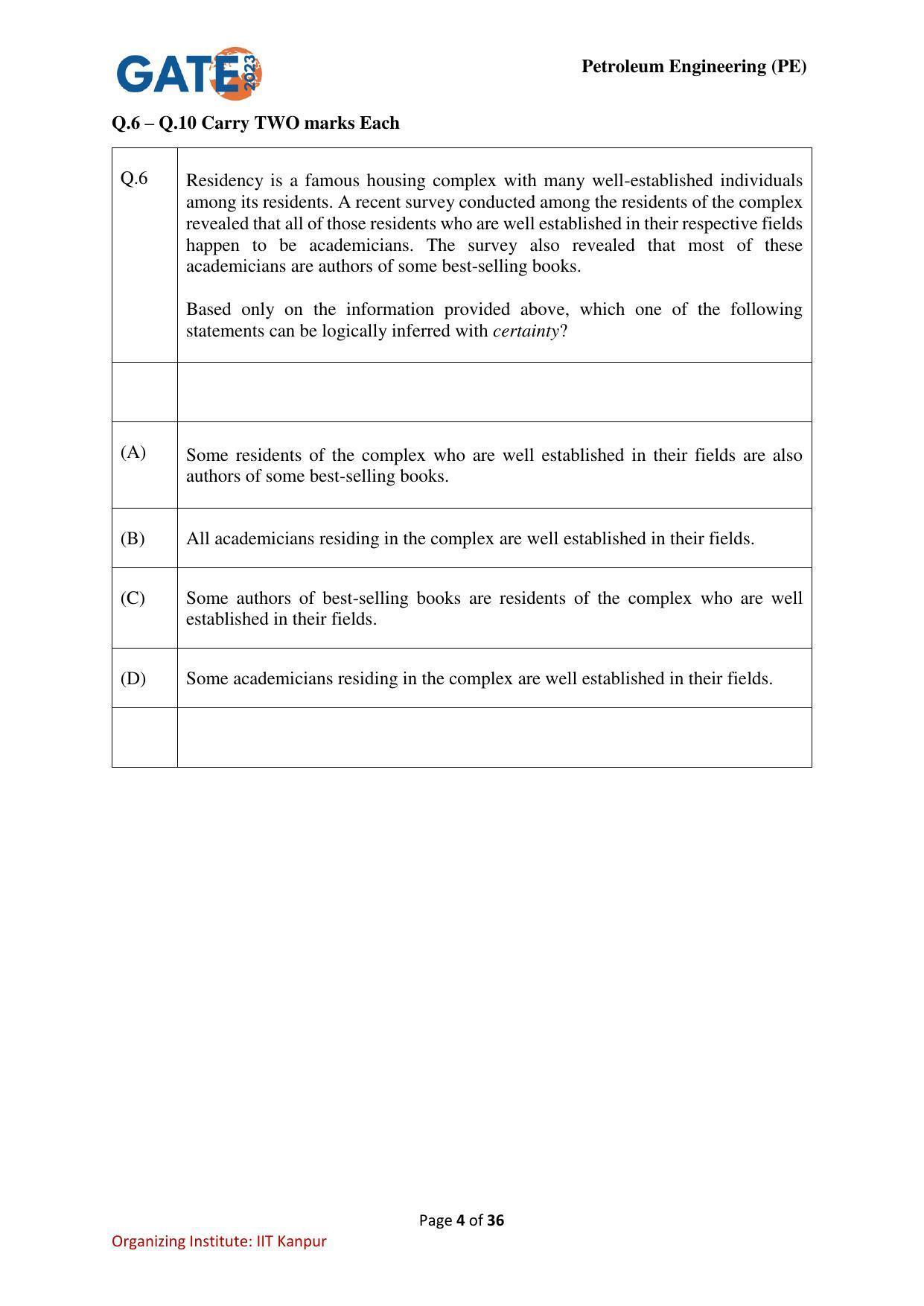 GATE 2023 Petroleum Engineering (PE) Question Paper - Page 4