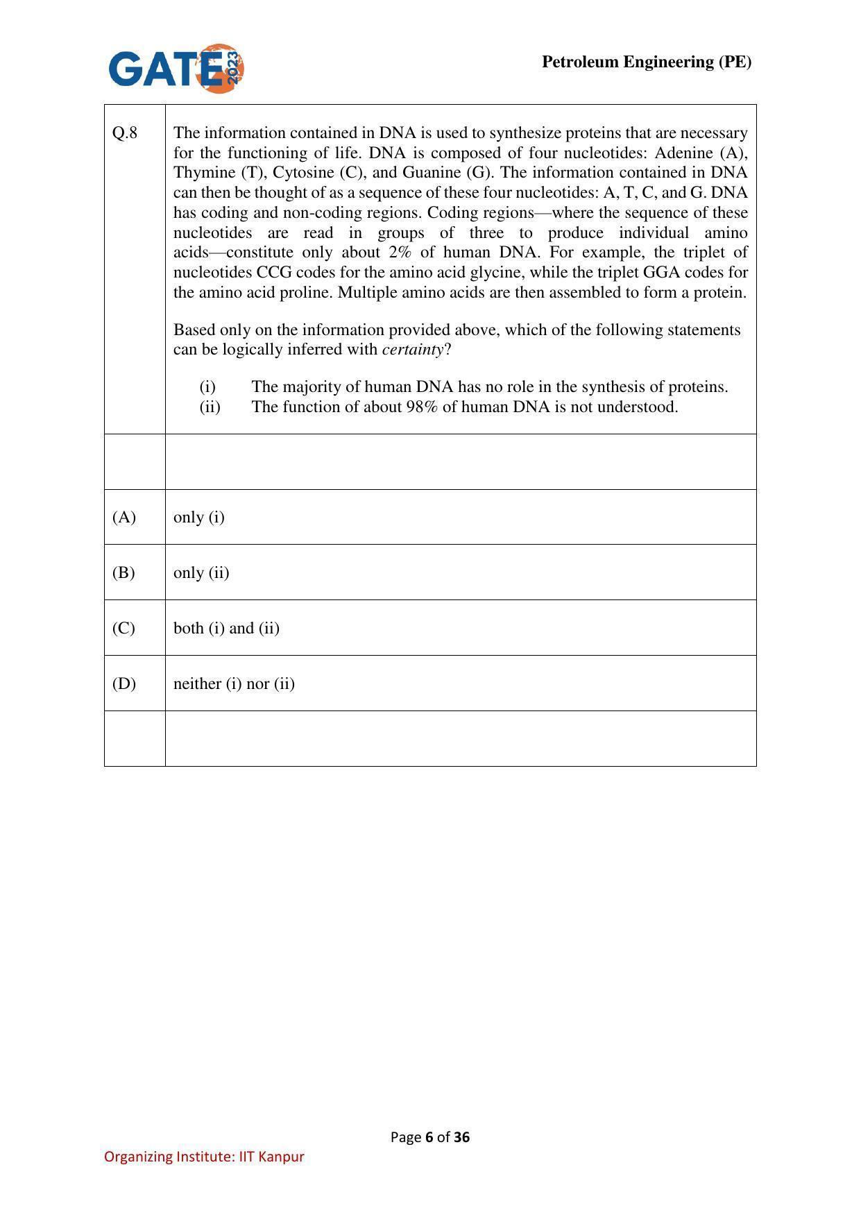 GATE 2023 Petroleum Engineering (PE) Question Paper - Page 6