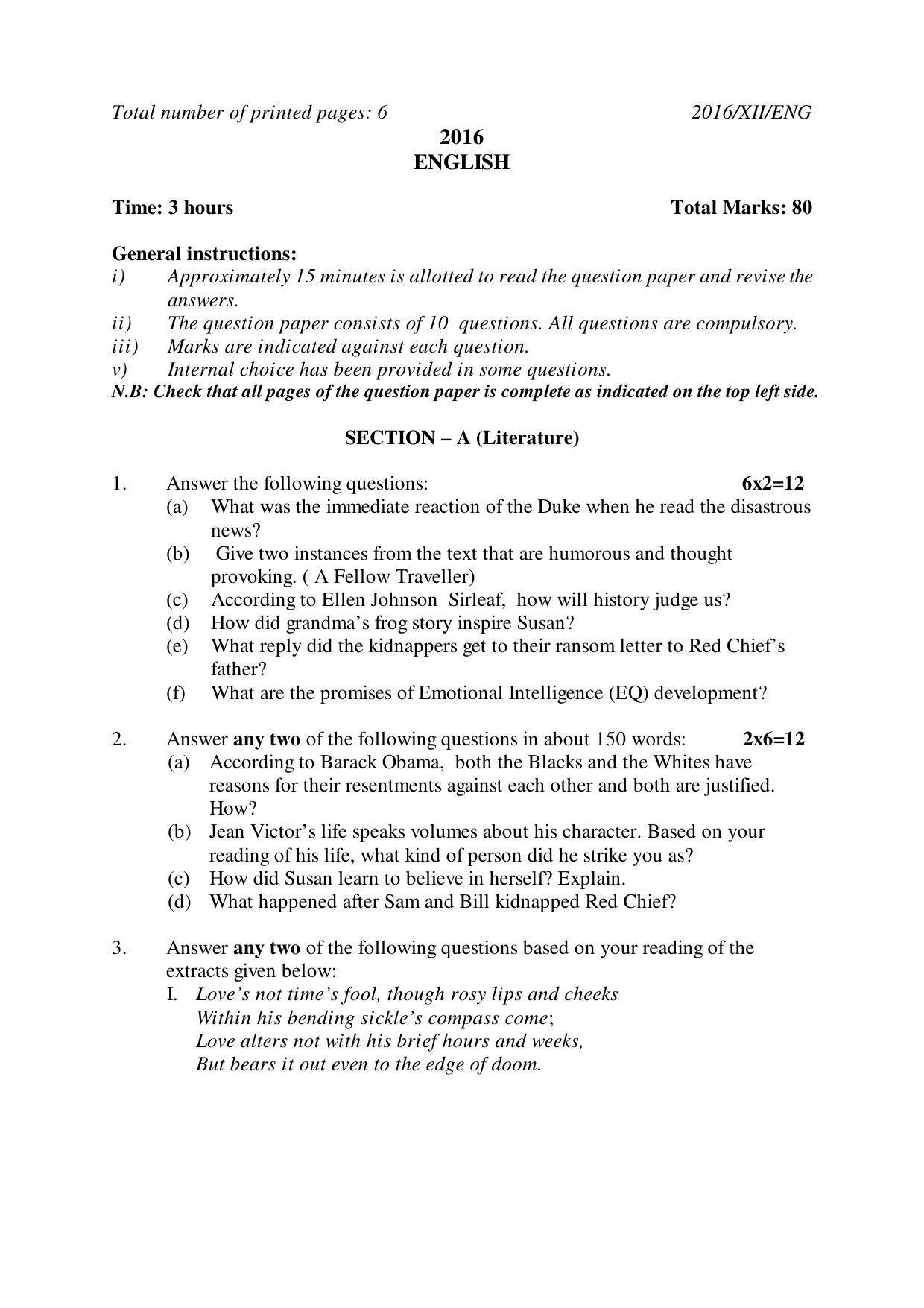 Nagaland Board Class 12 ENGLISH 2016 Question Papers - Page 1
