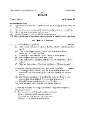 Nagaland Board Class 12 ENGLISH 2016 Question Papers