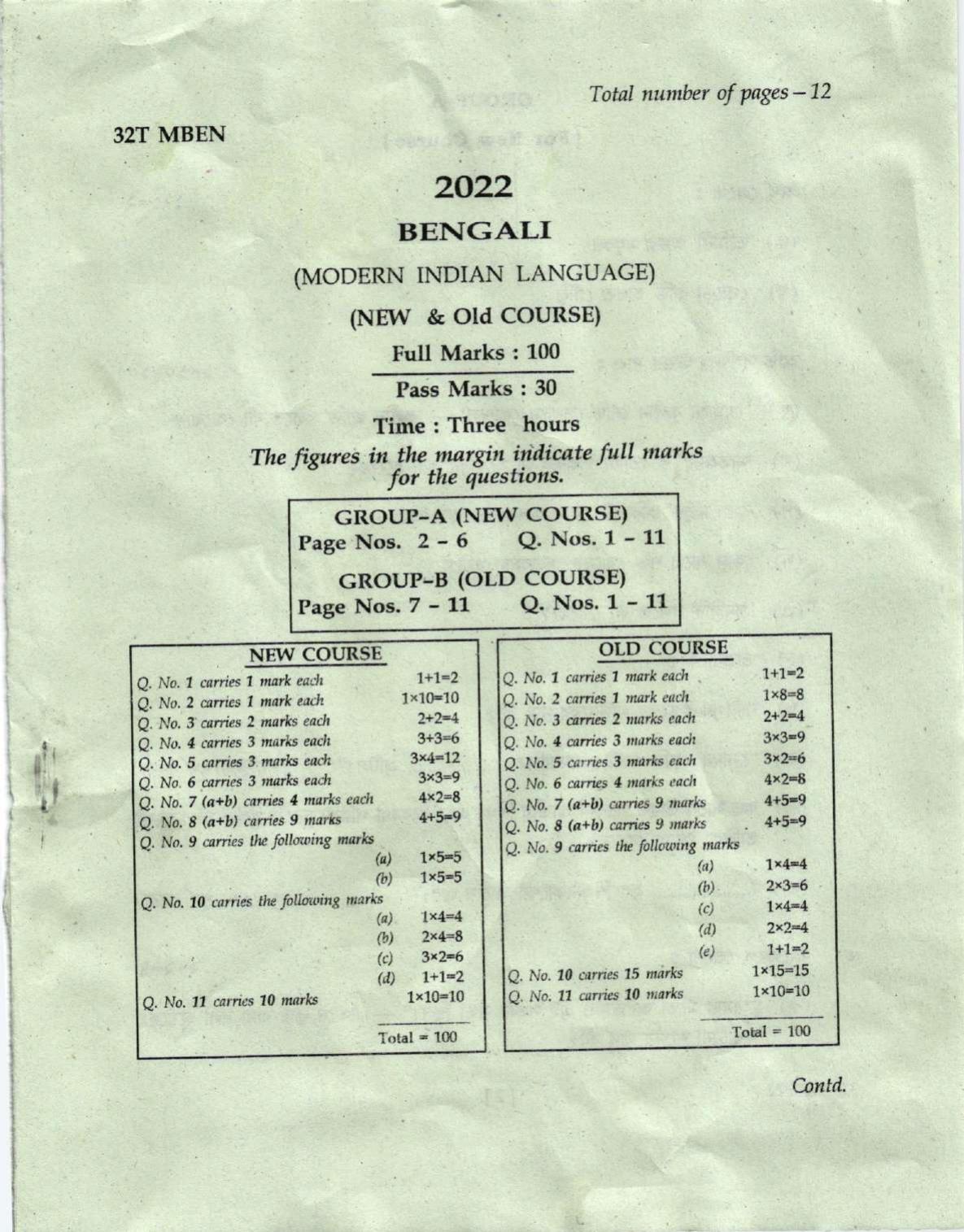 Assam HS 2nd Year Bengali MIL 2022 Question Paper - Page 1