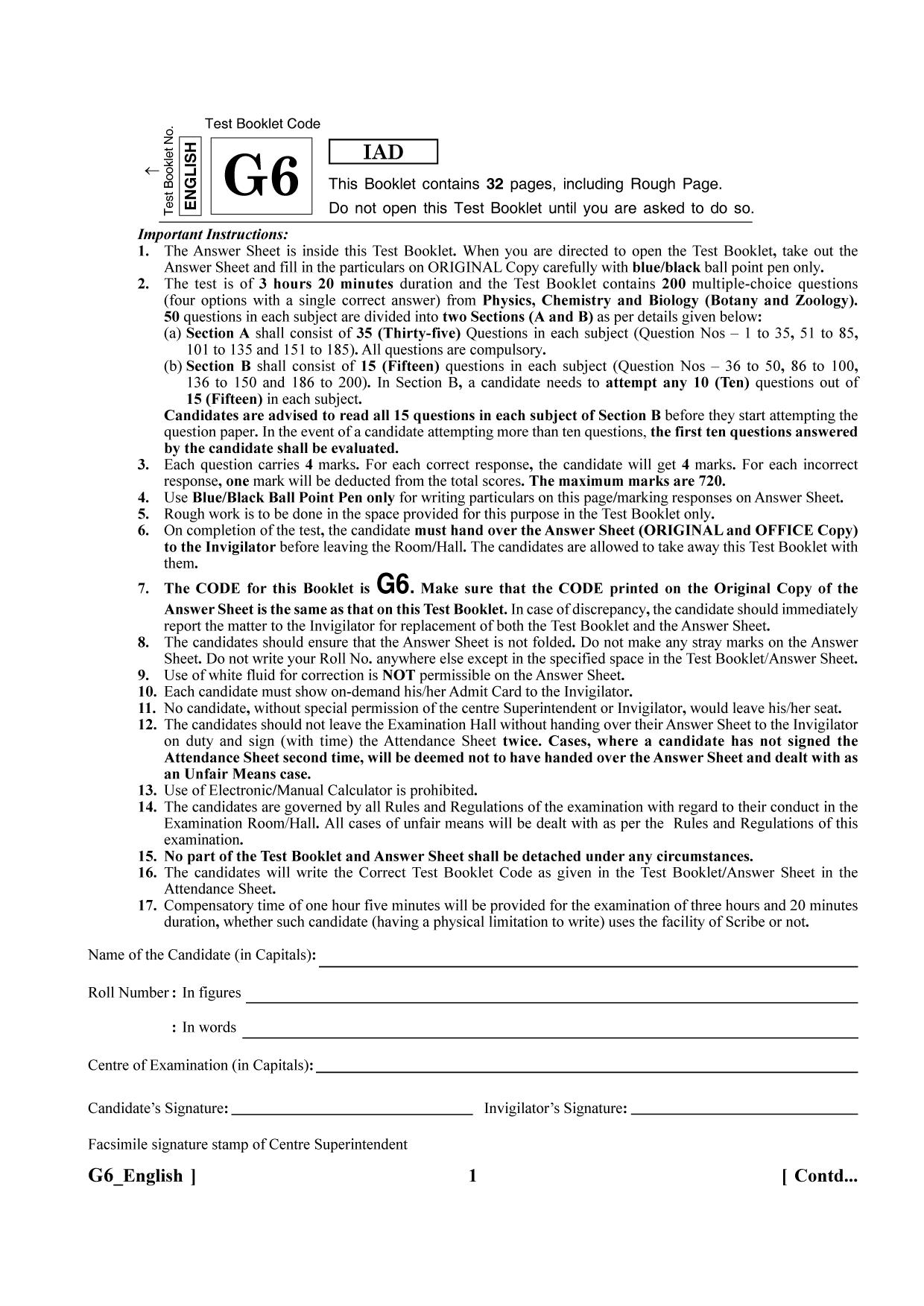 NEET 2023 G6 Question Paper - Page 1