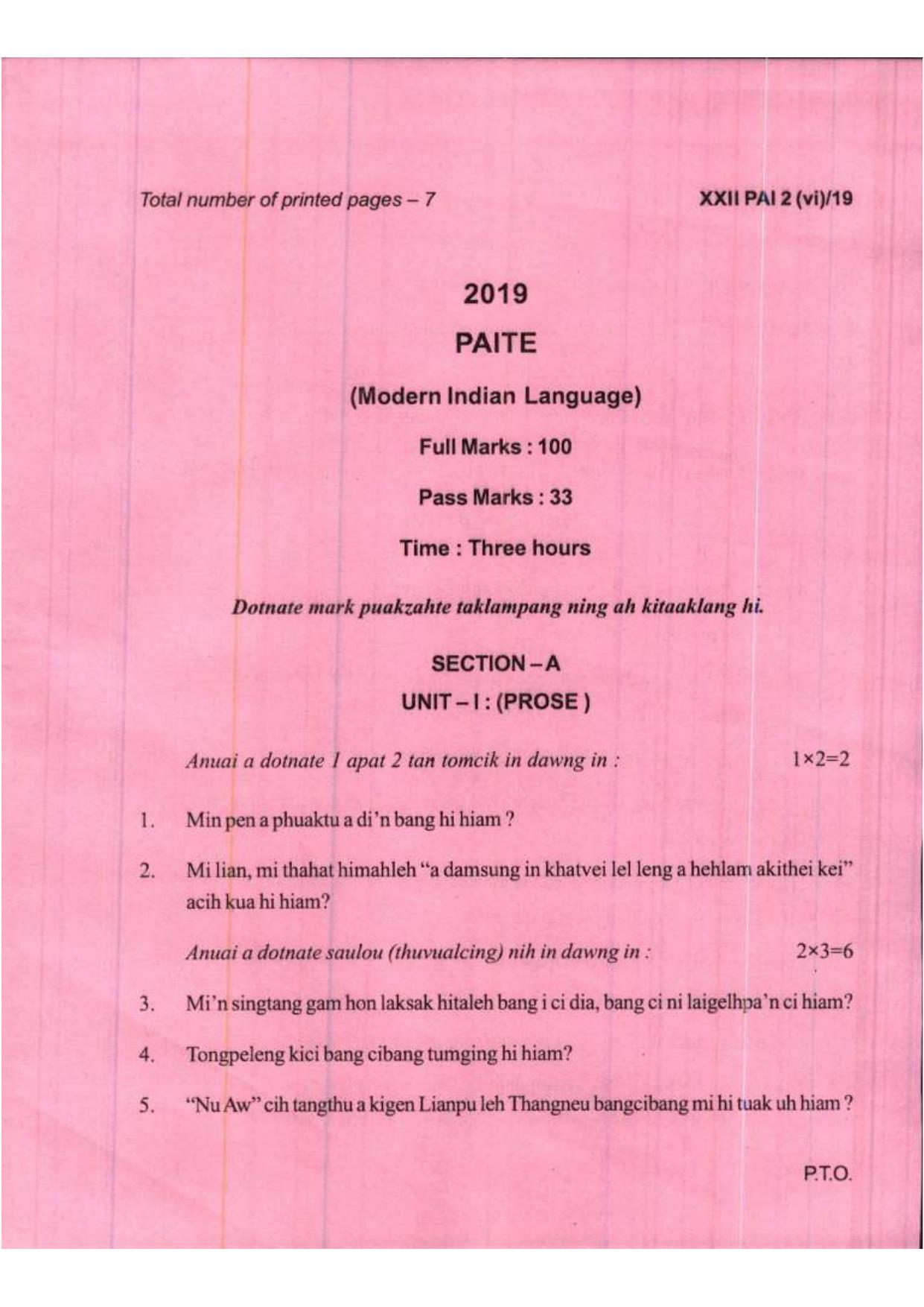 COHSEM Class 12	Paite (M.I.L.) 2019 Question Papers - Page 1
