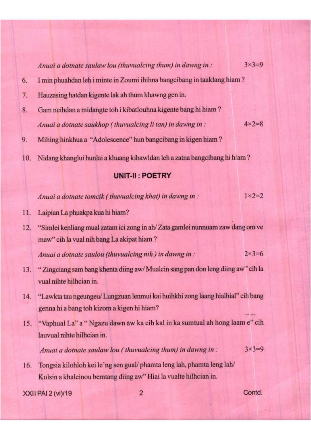 COHSEM Class 12	Paite (M.I.L.) 2019 Question Papers - Page 2