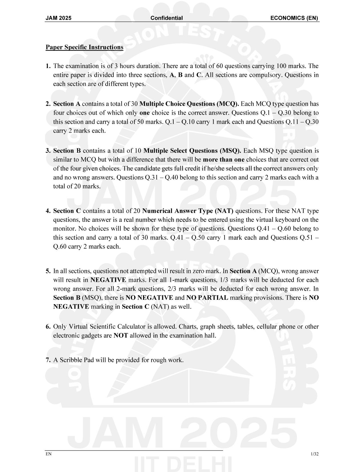 IIT JAM 2025 Economics (EN) Question Paper - Page 1