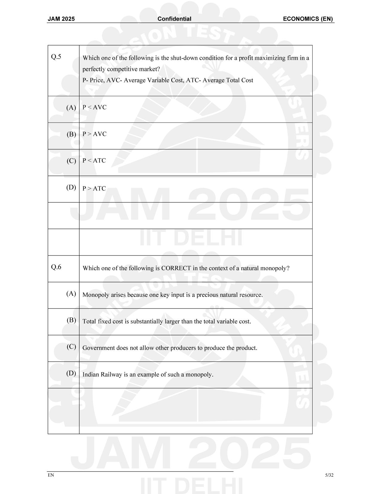 IIT JAM 2025 Economics (EN) Question Paper - Page 5