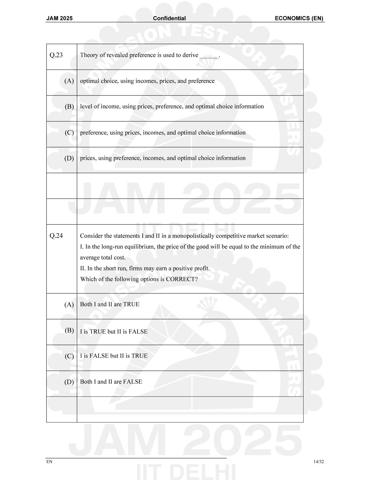 IIT JAM 2025 Economics (EN) Question Paper - Page 14