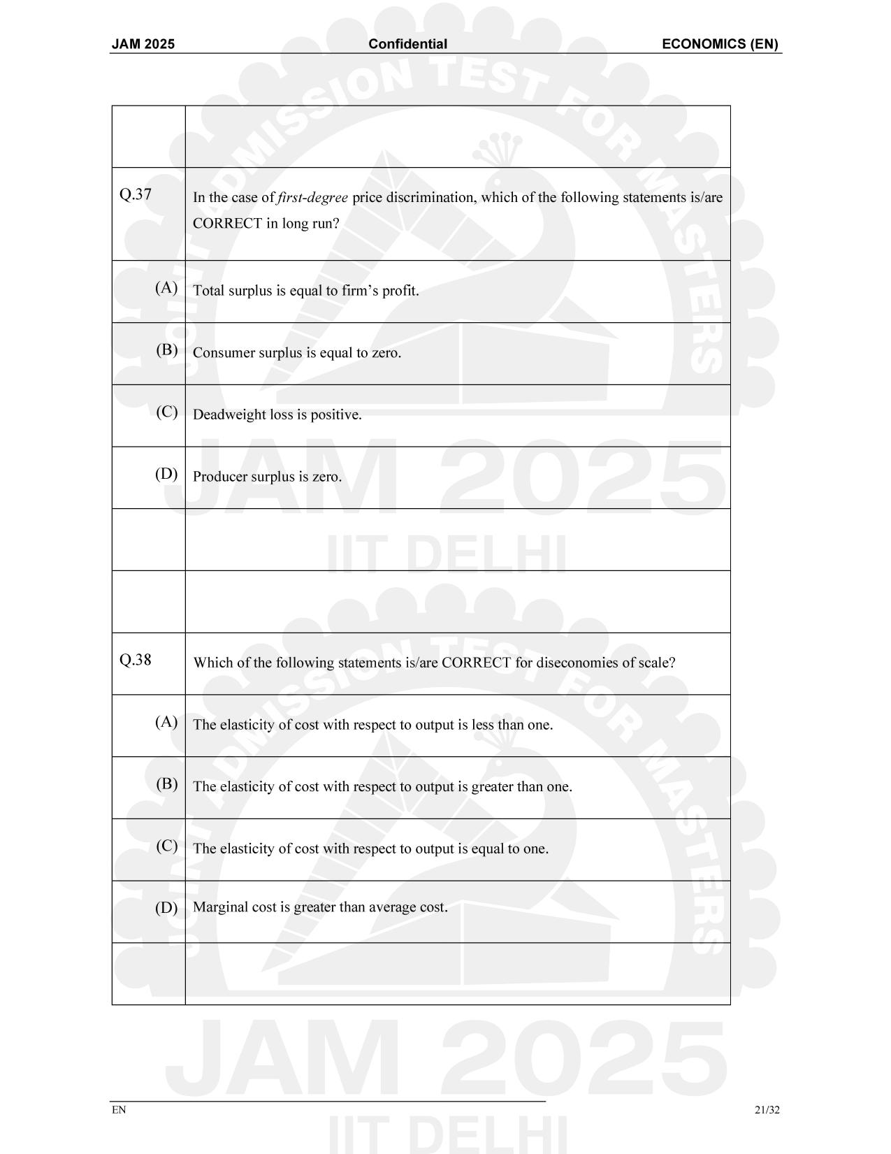 IIT JAM 2025 Economics (EN) Question Paper - Page 21