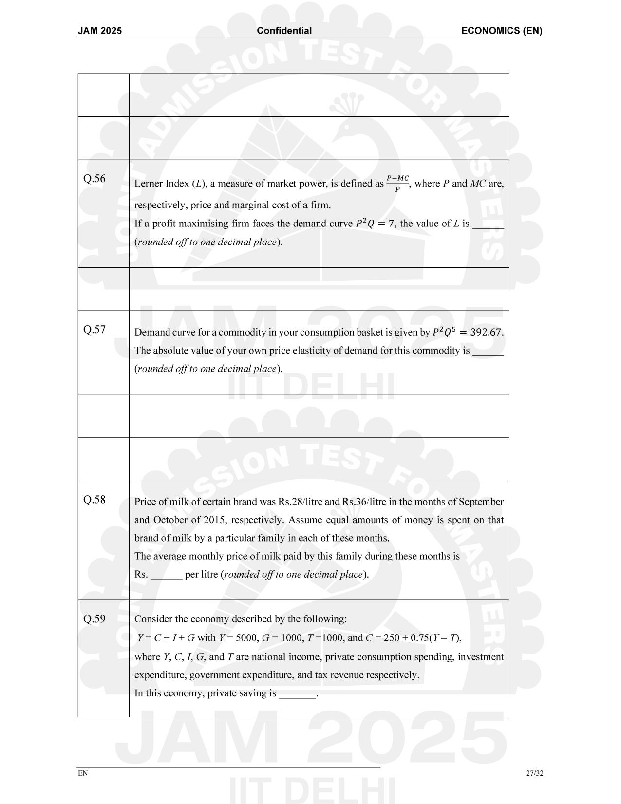 IIT JAM 2025 Economics (EN) Question Paper - Page 27