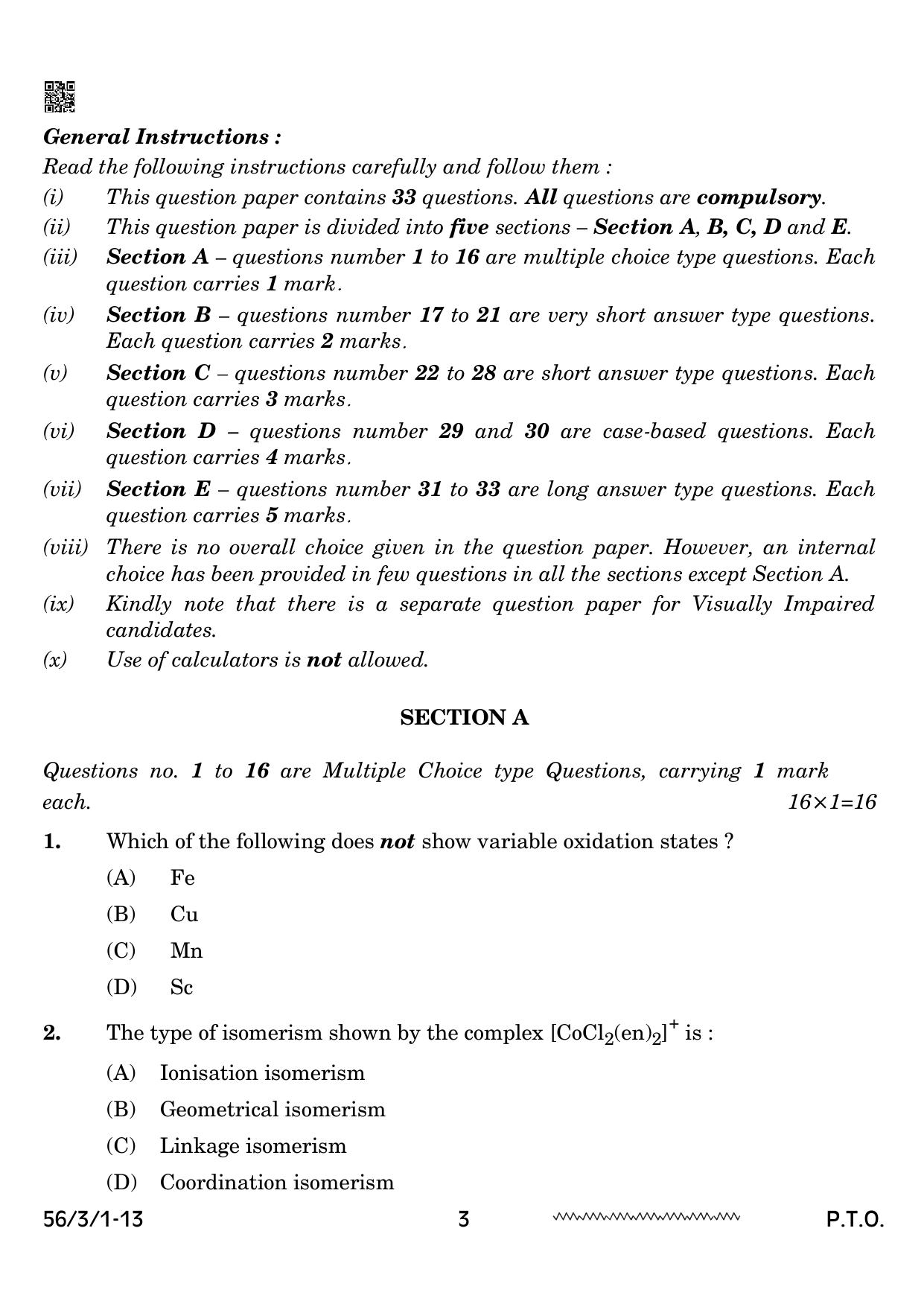 CBSE Class 12 56-3-1 Chemistry 2024 Question Paper - Page 3
